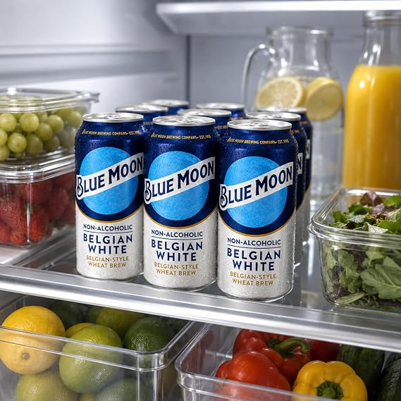 Blue Moon Non-Alcoholic 12 Pack Belgian Style Wheat Beer - Dealcoholized NA Brew in 12oz Cans - Low Calorie: 80 cals, 17g carbs - Refreshing Craft Brew Option