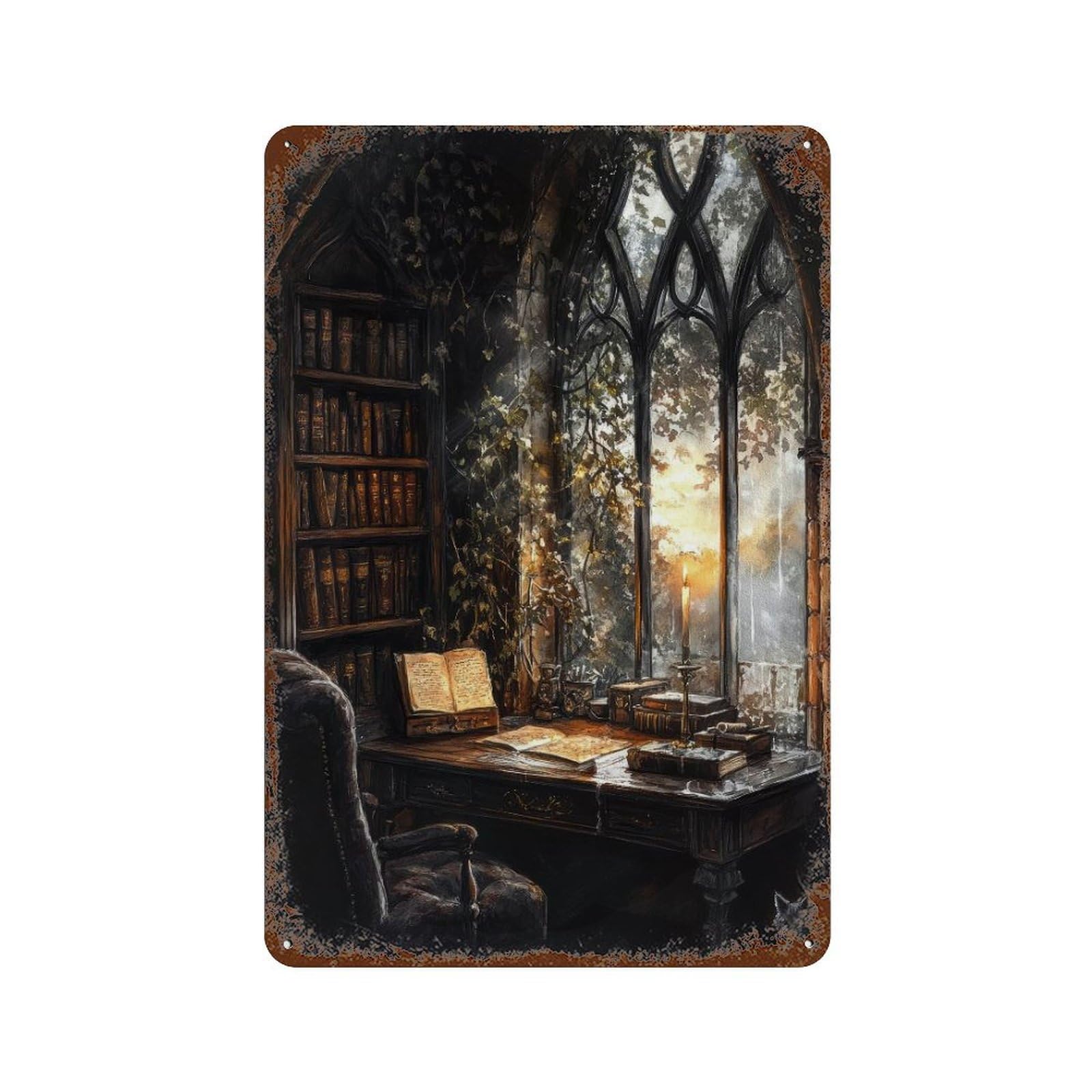 xiaoxiaoshen Gothic Study Dark Academia Vintage Library Painting Moody Candlelit Interior Literary Wall Decor Art Metal Tin Poster Modern Home Decor Art Home Bar Shop Decorations Vintage Sign 30x20cm