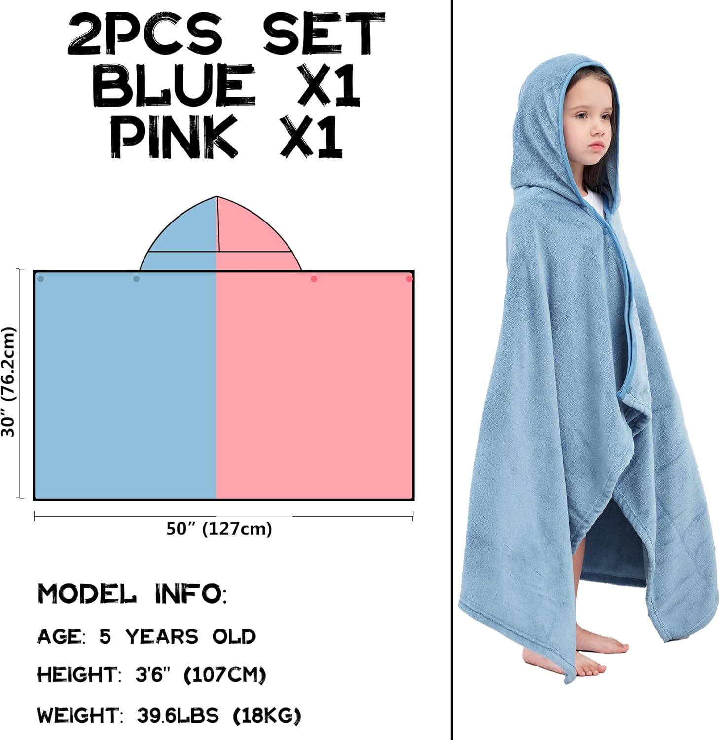 Hiturbo 2Pcs Kids Fleece Hooded Towel: Soft Plush Warm Blanket - 50"x30" Pool Beach Bath Swim Towel Wrap for 3-12 Yrs (Blue+Pink) - Image 2