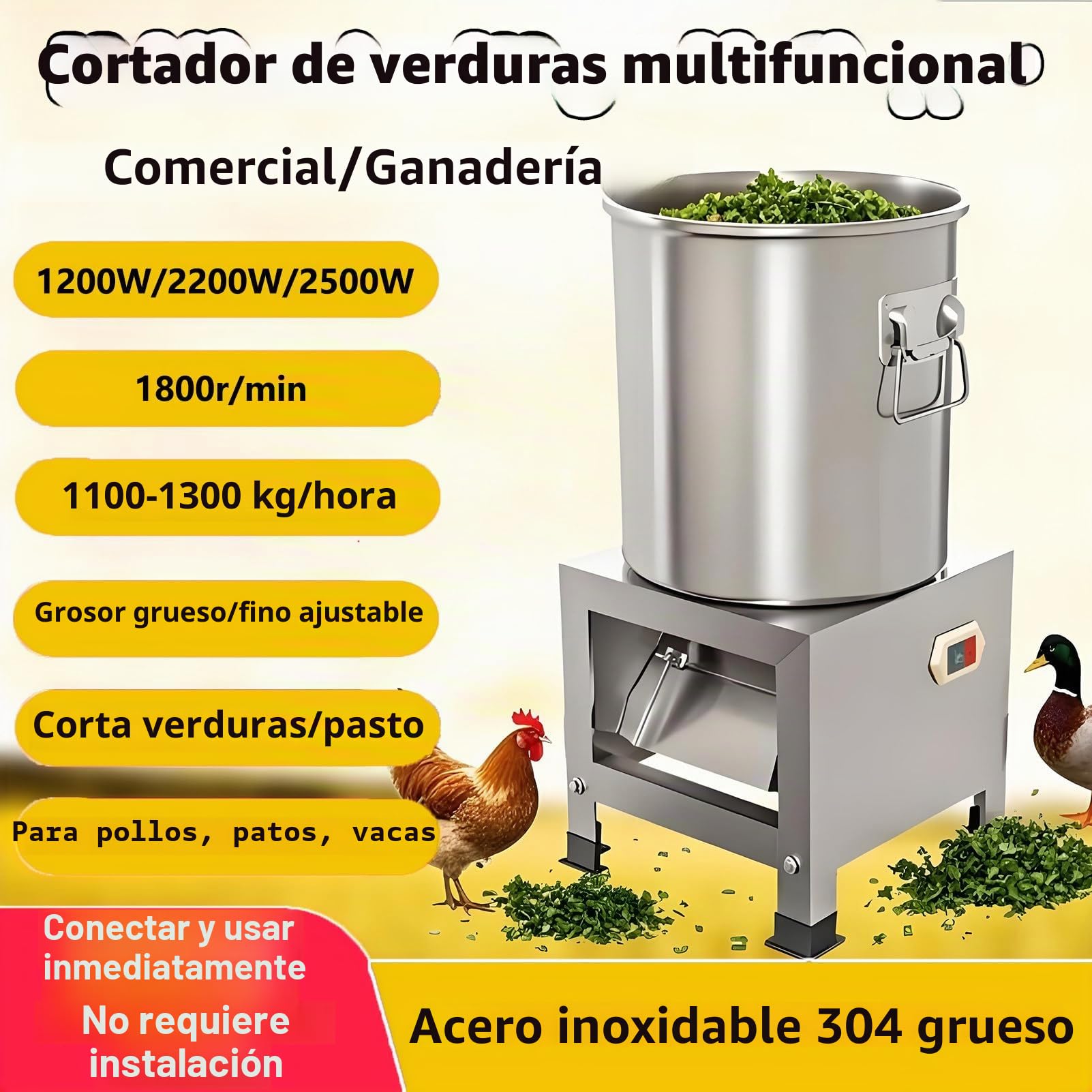 Picadora y Trituradora para Procesamiento de Alimento para Aves, de Acero Inoxidable de Alta Resistencia con 4 Cuchillas, Corte Rápido de 1800 RPM, para Vegetales, Granos, Maní 1200W