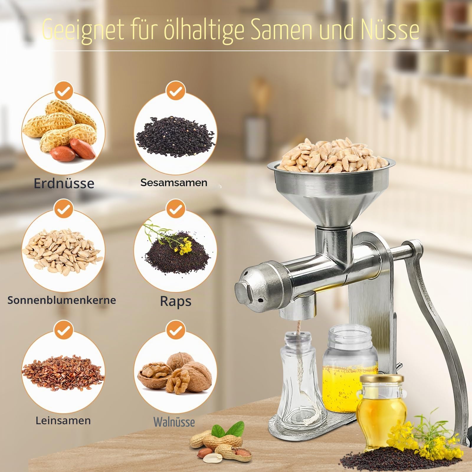 Ölpressmaschine Manuell, Manuelle Ölpresse mit Filtersieb | Edelstahl Hand-Ölpresse für den Haushalt, für Erdnüsse, Sonnenblumenkerne und Walnüsse, ohne Strom, Kaltpresswerkzeug