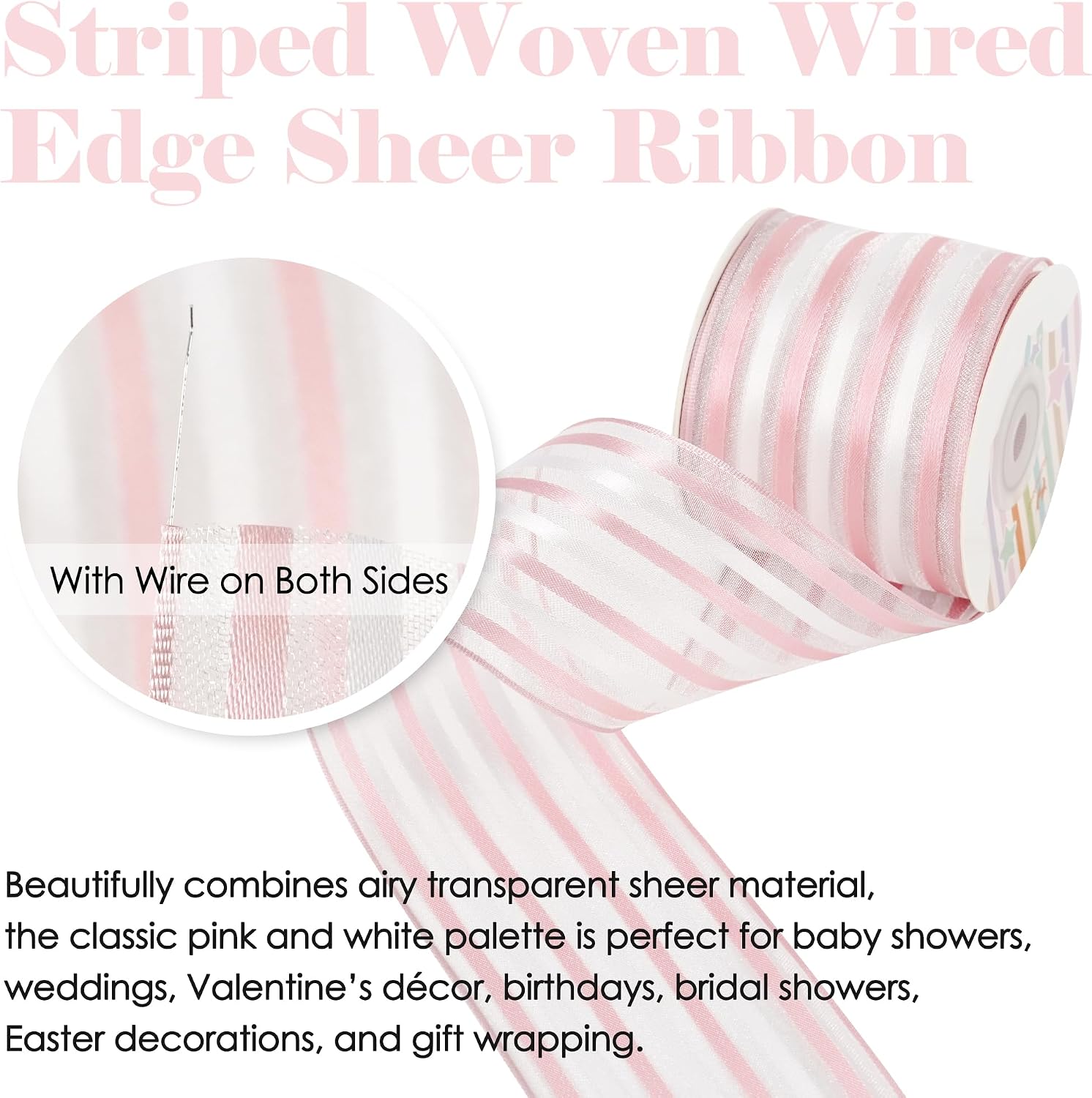 HUIHUANG Pink White Stripe Sheer Ribbon 2.5 inch Continuous 10 Yards image 5