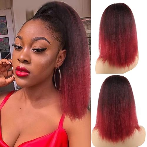 LEOSA Colas de caballo con cordón de 14 pulgadas para mujeres negras, extensiones de cabello corto natural negro Yaki lacio con cordón (14 pulgadas,