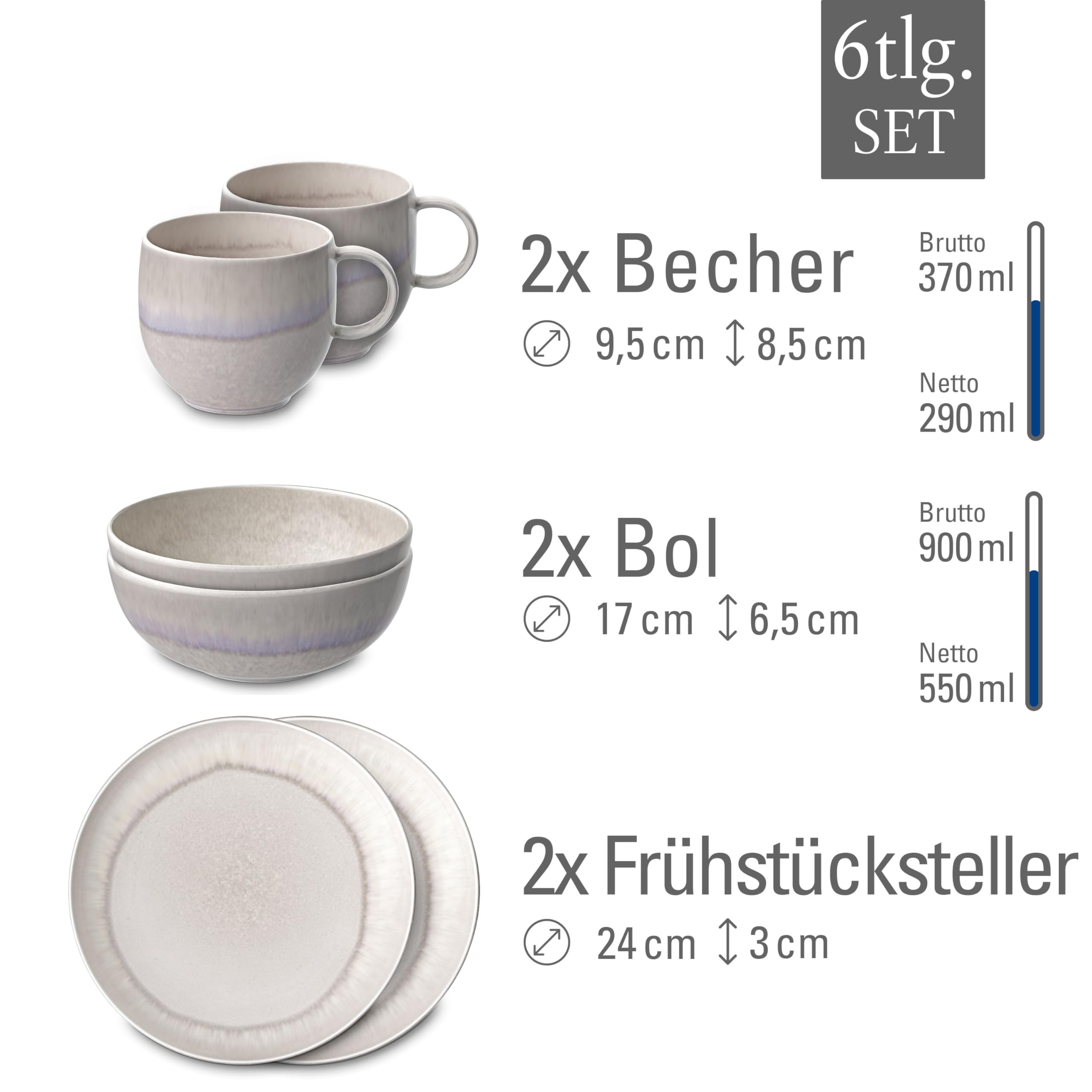 like. by Villeroy & Boch – Perlemor Sand Frühstücks-Set 6 teilig für 2 Personen Beige, Spülmaschinenfest, Mikrowellensicher, Geschirrset mit Frühstückstellern, Tassen und Schüsseln, Porzellan