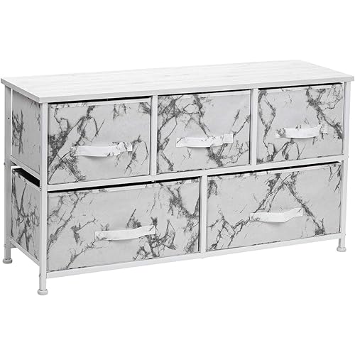 Sorbus Dresser with 5 Drawers - Furniture Storage Chest Tower Unit for Bedroom, Hallway, Closet, Office Organization - Steel Frame, Wood Top, Easy Pull Fabric Bins (Marble White/White Frame)