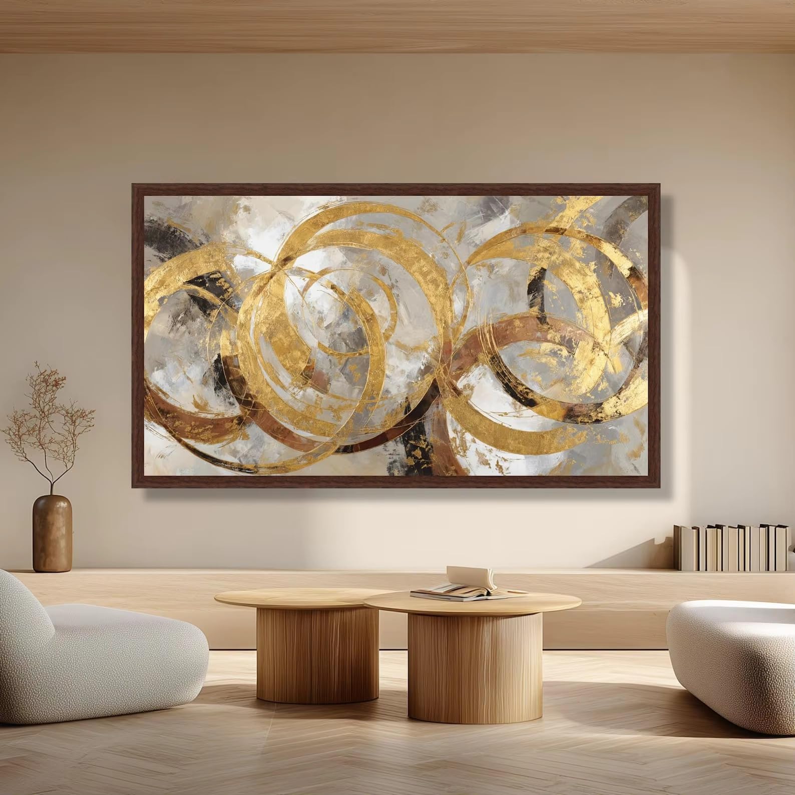 Lienzos impresos con anillos dorados, arte abstracto moderno para la pared, ideales para la decoración del hogar en la sala de estar y el dormitorio (80 x 160 cm).