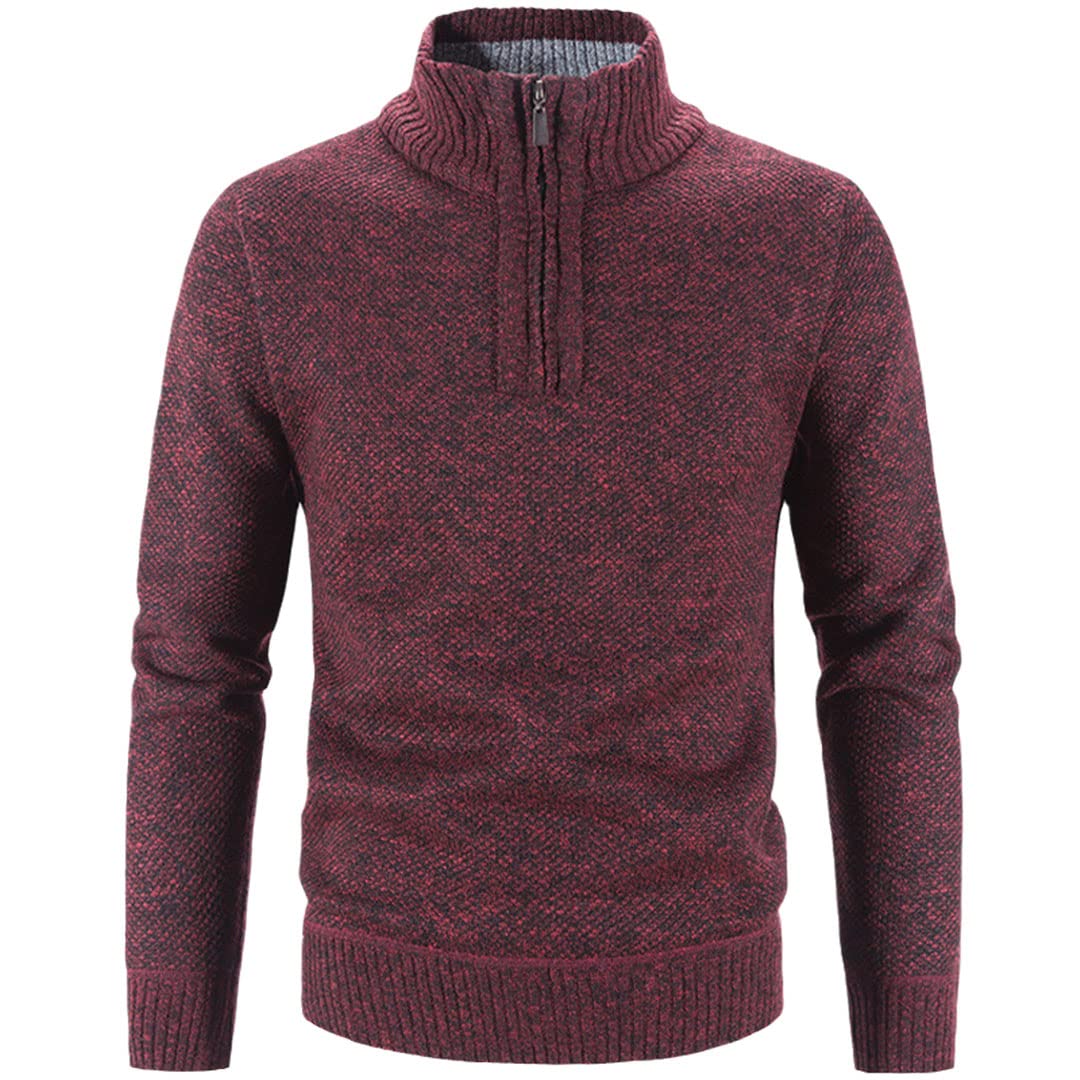 Vogrtcc Pull tricoté épais pour homme - Couleur unie - Fermeture éclair - Coupe ajustée, Rouge, L