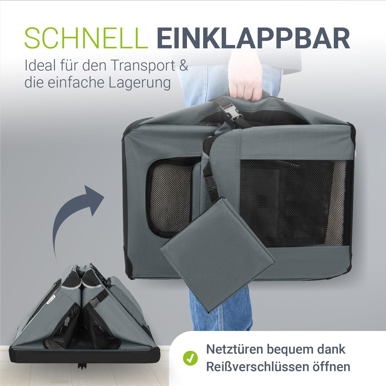 Juskys Hundetransportbox Lassie M faltbar & tragbar 42x60x44 cm mit Decke, Tasche & Griffen - Faltbare Transportbox für Hunde, Katzen & Haustiere - Oxford Stoff Hundebox Auto Hundetasche - Grau