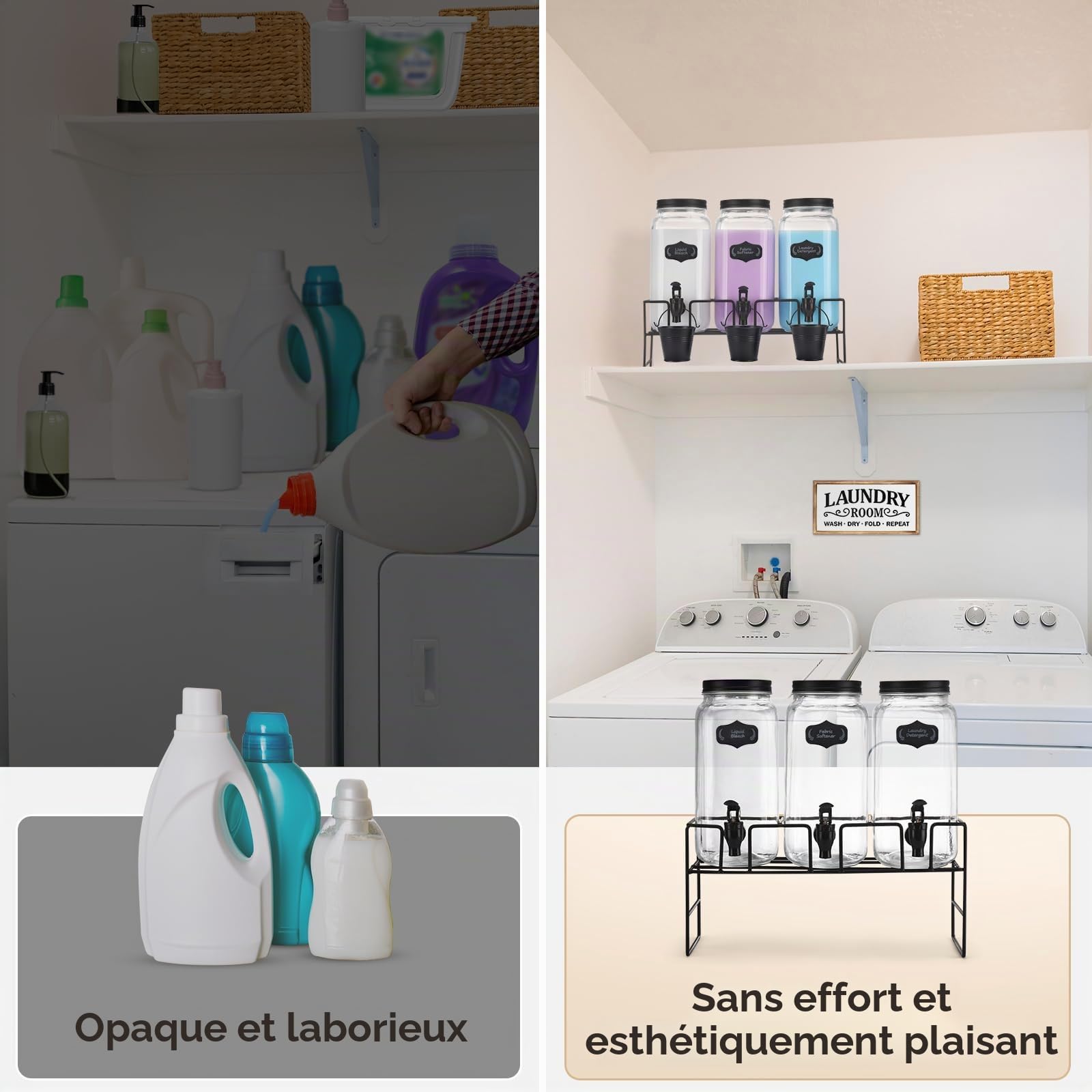 GADFISH Distributeur de détergent à lessive liquide, 2,2 L, pot en verre transparent, sans parfum, capacité 2,2 L, résistant, doux sur les tissus