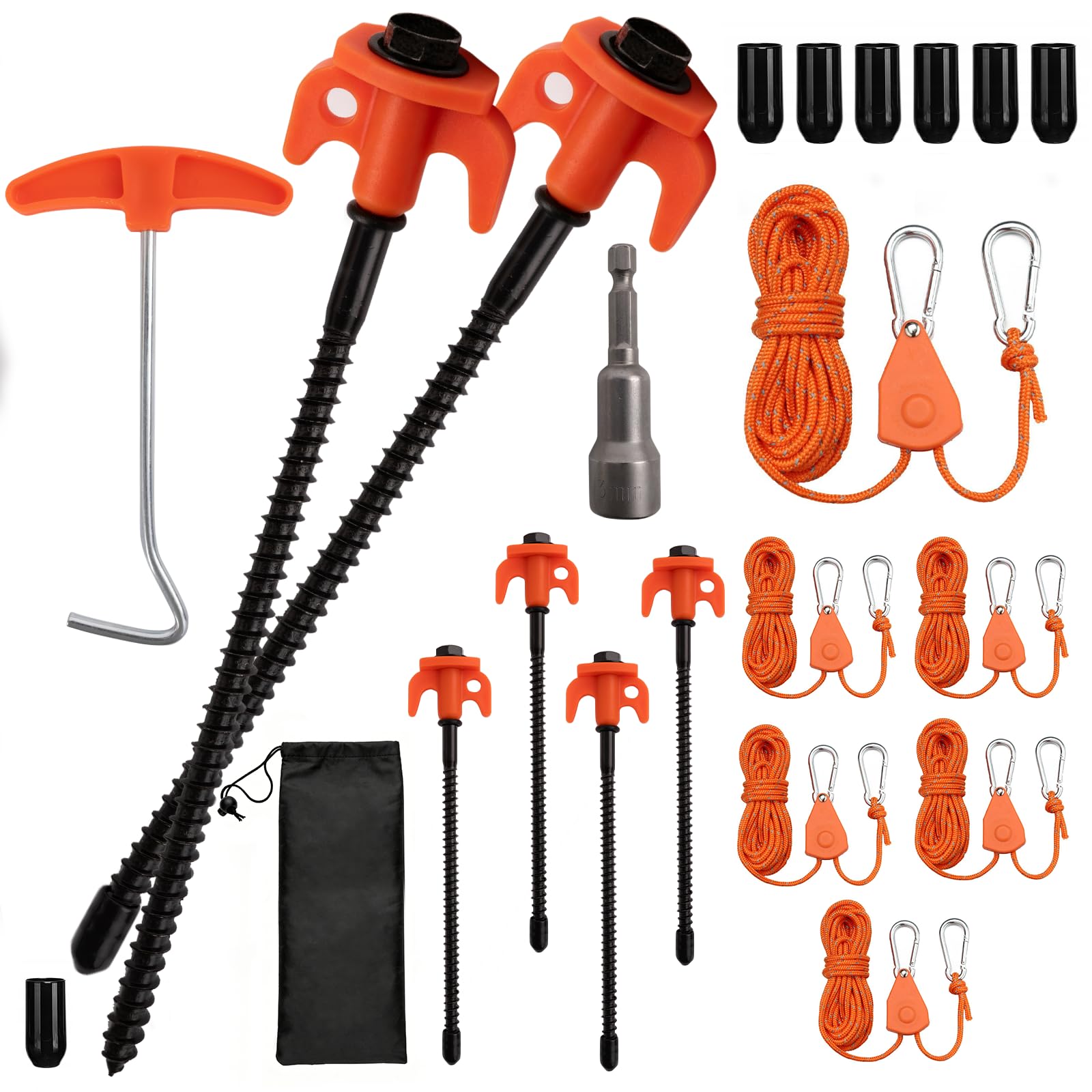 Set di 6 picchetti a vite da campeggio da 20 cm e 6 ganci a cricchetto da 4 m, picchetti girevoli resistenti alle tempeste, corda in metallo regolabile da 1/8" per esterni con cricchetto, set