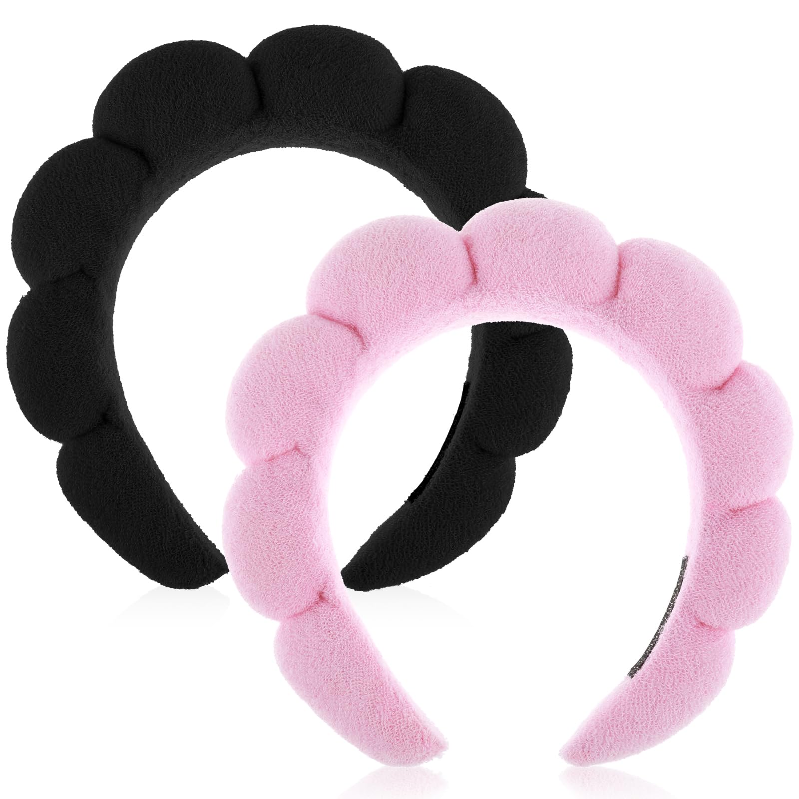 Spa Headbands for Women, Set of 2 Sponge Headband for Washing Face or Facial, Skincare Headband Makeup Headbands for Women Terry Towel Cloth Fabric Puffy Shower Hair Accessory(Pink, Black)