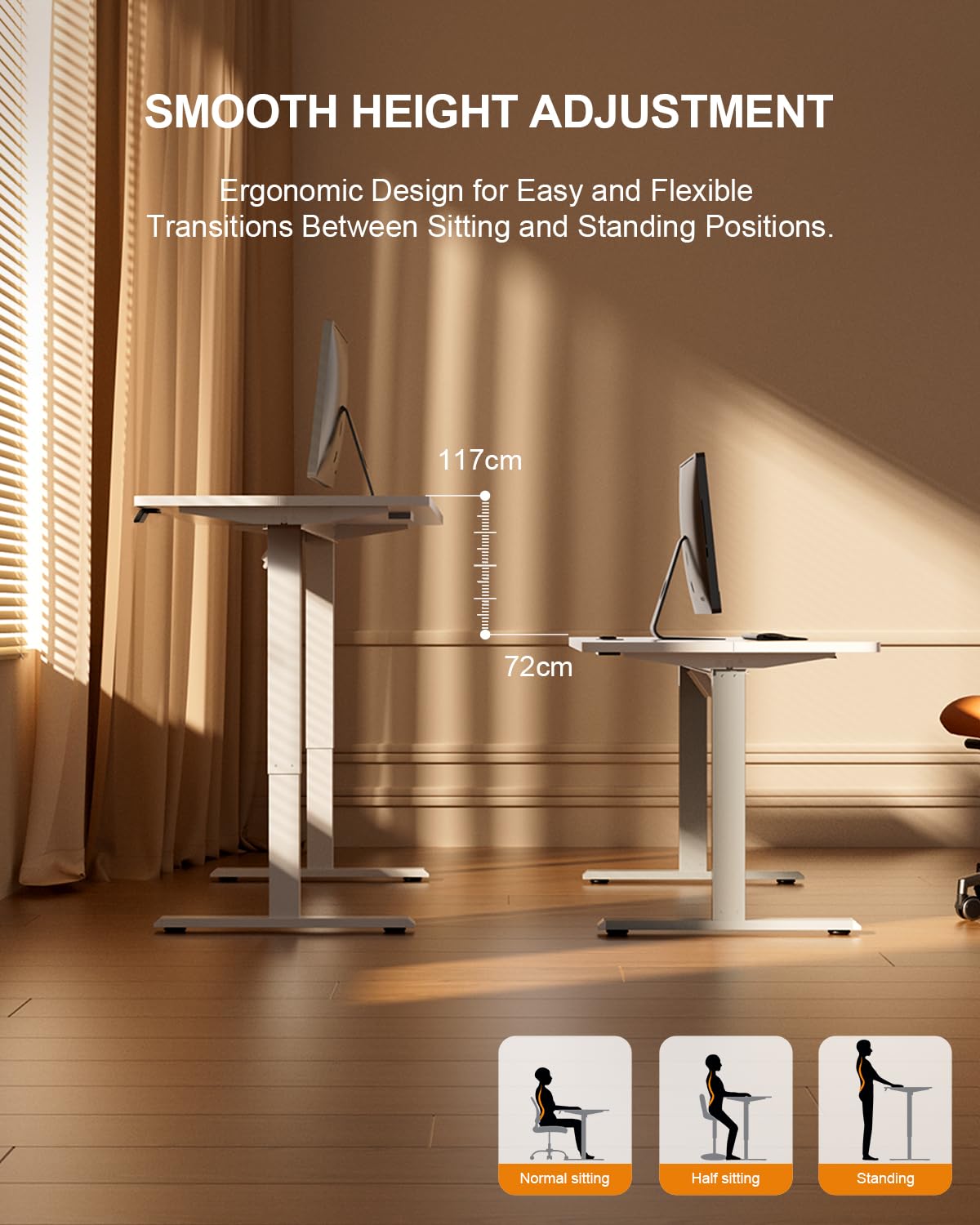 Precision Synergie Electric Standing Desk, Power Outlets, 2 Memory Buttons, White, 100 x 60 cm - Image 5
