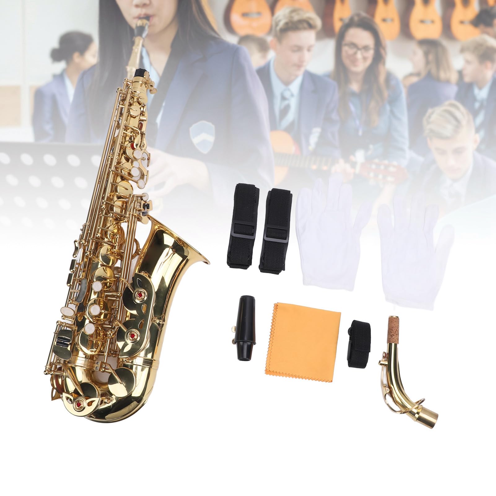 Karlak Kit Preciso per Sassofono Contralto Mib con qualità del Suono Superiore per Tutti i Musicisti, Strumento a Fiato Sassofono con Collo Curvo Casa e Concerti, Costruzione in Ottone