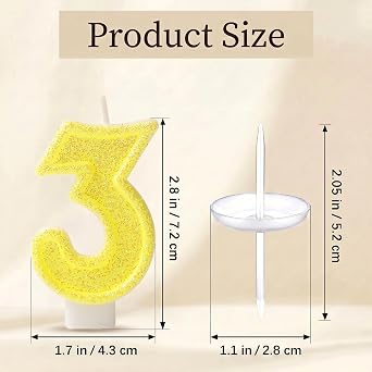 Yellow Number 3 Birthday Candle, Glitter Number Candles Girl, 3rd Birthday Cake Topper Decoration, Party Supplies Anniversary Celebrations
