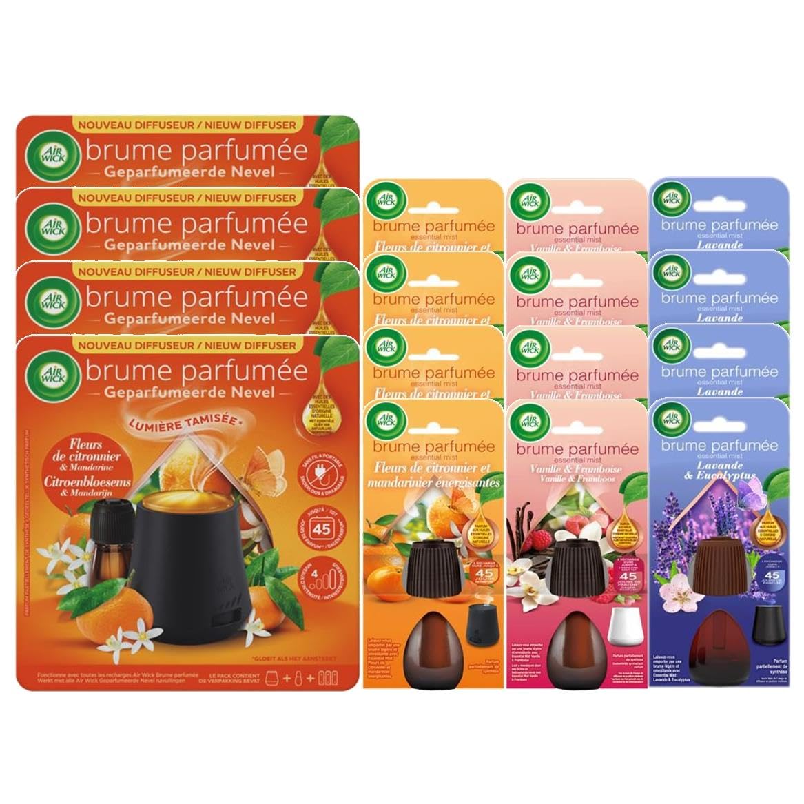 Air Wick Brume - Lote de 4 difusores luminosos, flor de limonero, 20 ml + 12 recargas: 4 flores de limonero + 4 vainilla y frambuesa + 4 lavanda y eucalipto