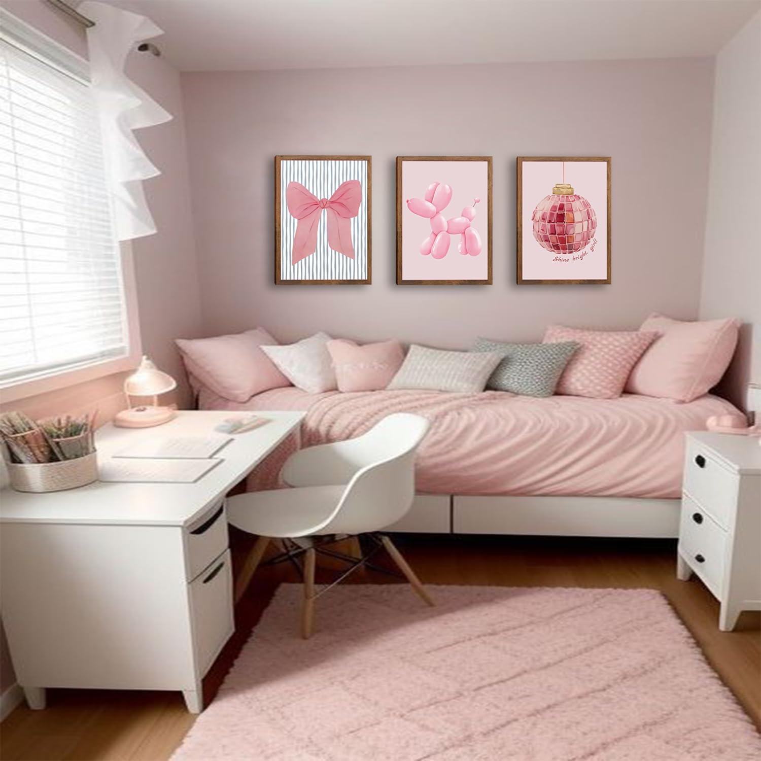 Pink Disco Ball Posters Wall Art Set of 3, Trendy Bows Balloon Dog Canvas, Vintage Preppy Girly Room Decor for Girls Room College Dorm living room Bathroom Home Decor 24x16In Wood Framed