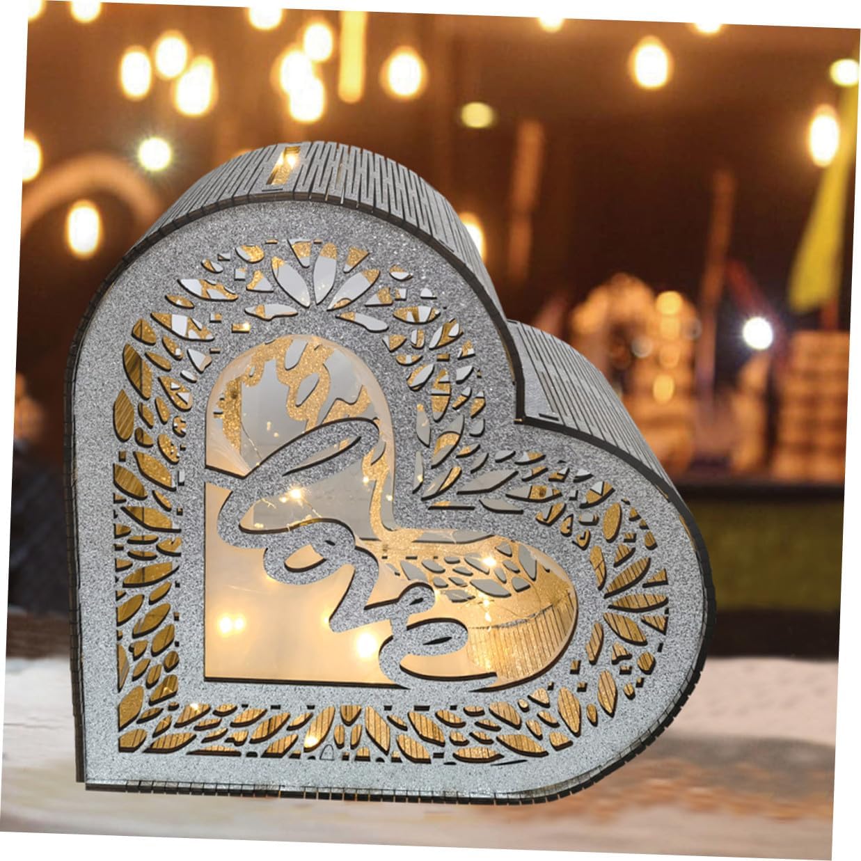 Tofficu Heart Shaped Hollow Wooden Greeting Card Box with Glitter, Portable Wedding and Valentine Envelope Money Storage for Birthday and Event Decorations