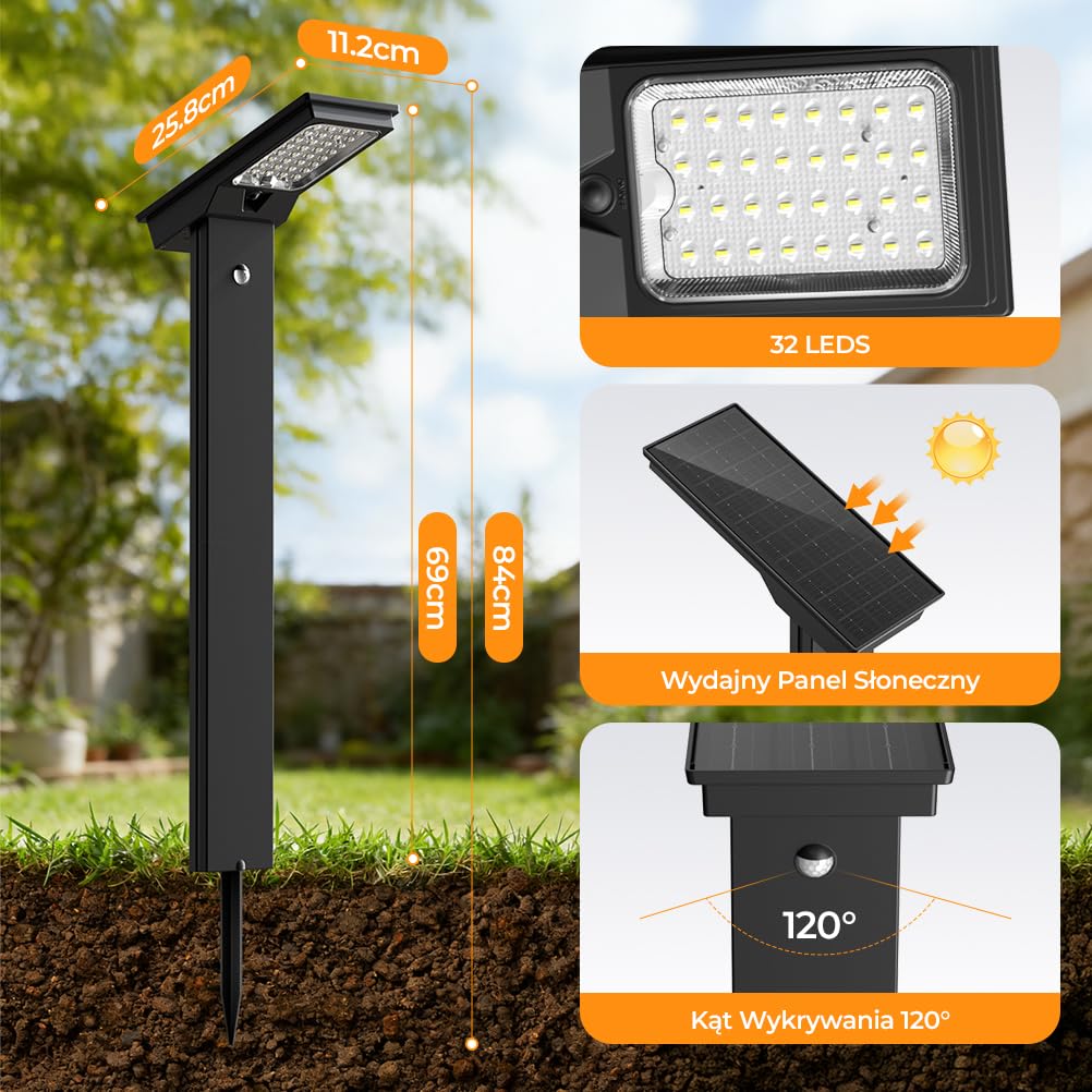 OUSFOT Lampa na słońce do użytku na zewnątrz, z czujnikiem ruchu, 4400 mAh, duża lampa słoneczna na zewnątrz, mocna, 2 sztuki, 32 diody LED, 6500 K, wodoodporna, lampa słoneczna do ogrodu, podjazdu