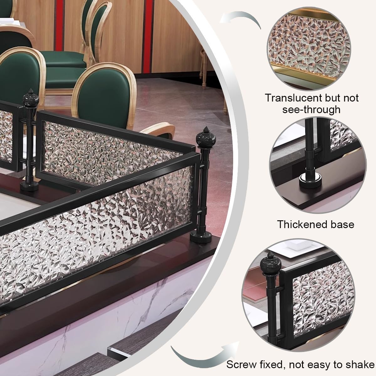 Mampara divisoria de Cristal para mostrador con Marco metálico de Cristal Templado translúcido Ondulado, Separador de Espacios Decorativo para restaurantes y comedores de hoteles. (L80cm/31.5in)
