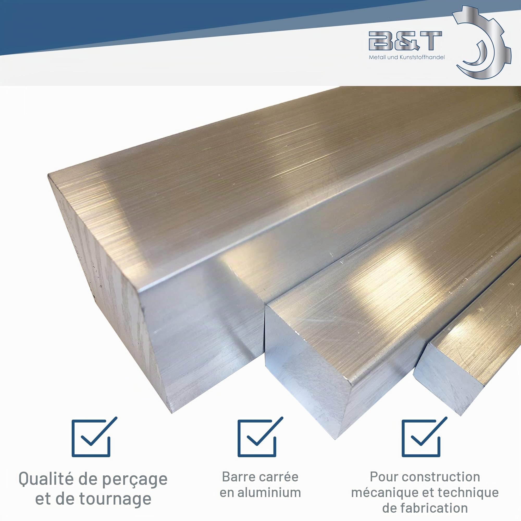 B&T Metall Barre carrée en aluminium, 40 x 40 mm, en longueurs de 250 mm +/- 5 mm, qualité de perçage et de tournage