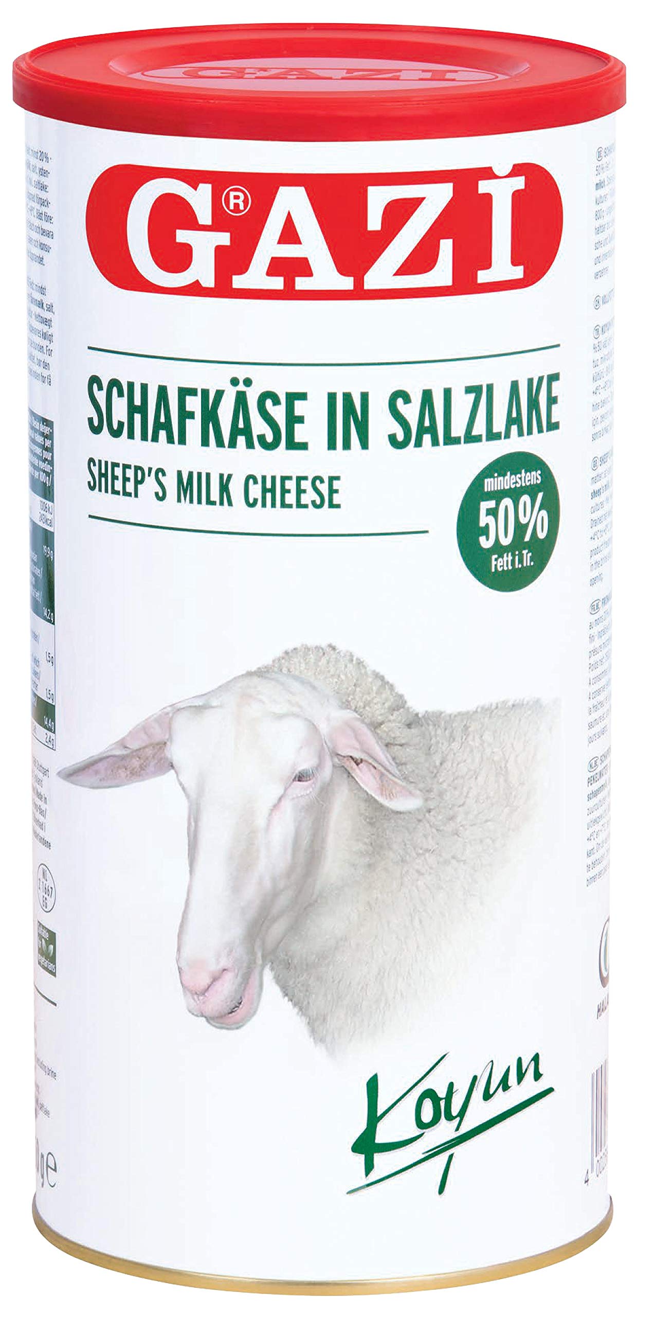 Gazi Schafskäse in Salzlake - 5x 800gramm - Schafkäse Schaf Käse Sheep cheese Koyun peyniri 50% Fett i.Tr. aus 100% Schafmilch, mikrobielles Lab, vegetarisch, Halal, glutenfrei, zu Börek, zu Salat