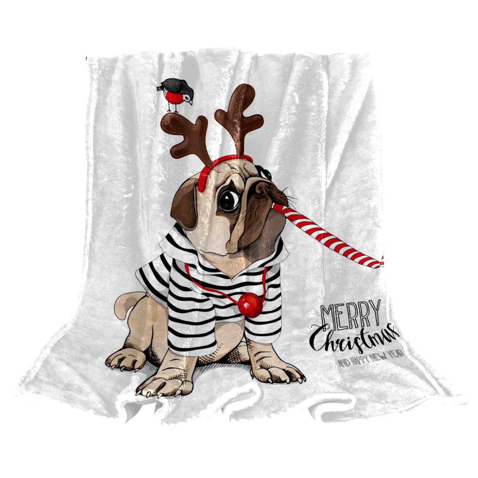Couverture polaire carlin de Noël : plaid léger et doux pour canapé