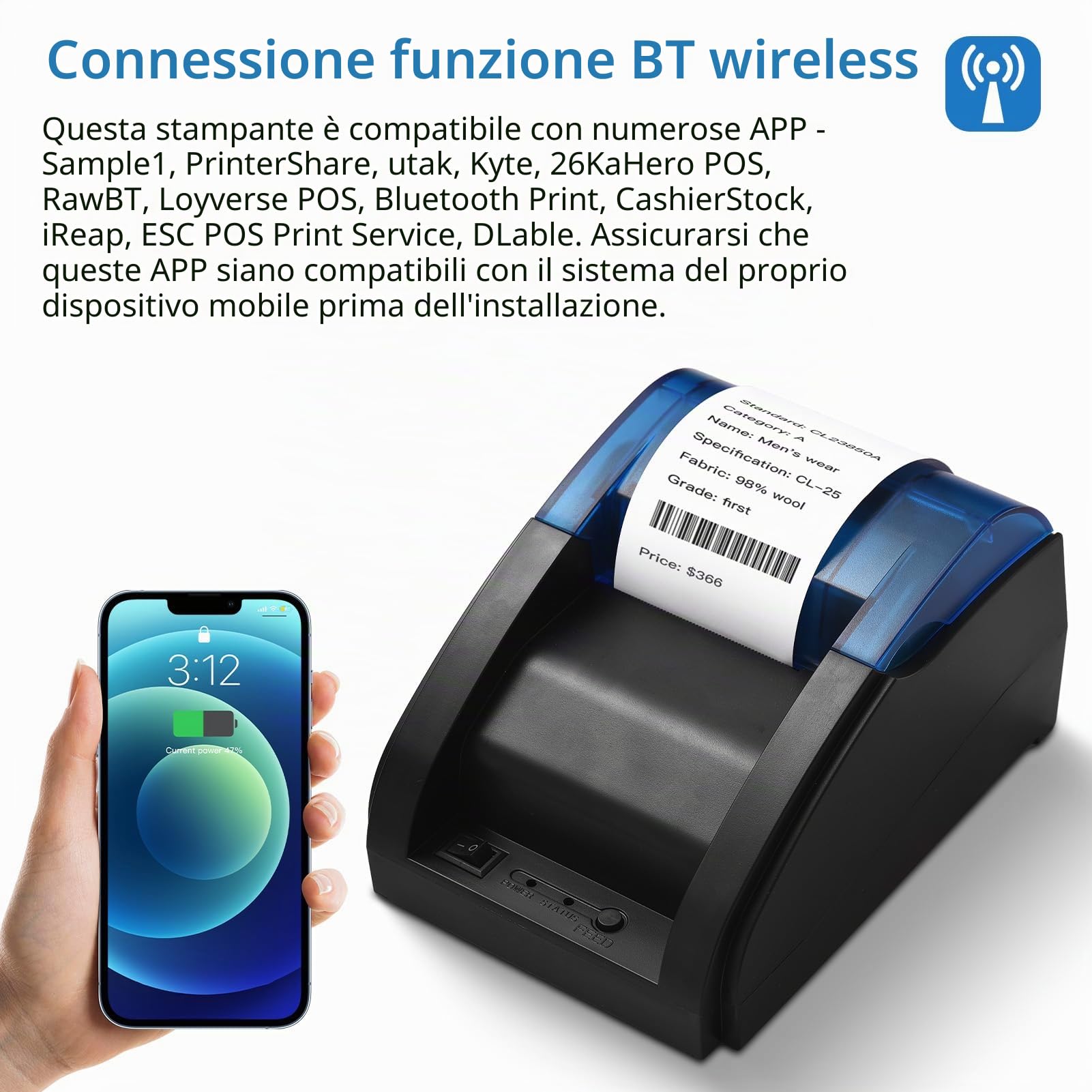 Stampante per ricevute desktop da 58 mm, stampa termica diretta compatibile con Android/iOS/Windows, supporta ESC/POS per la spedizione, ristorante, cucina, supermercato, casa,