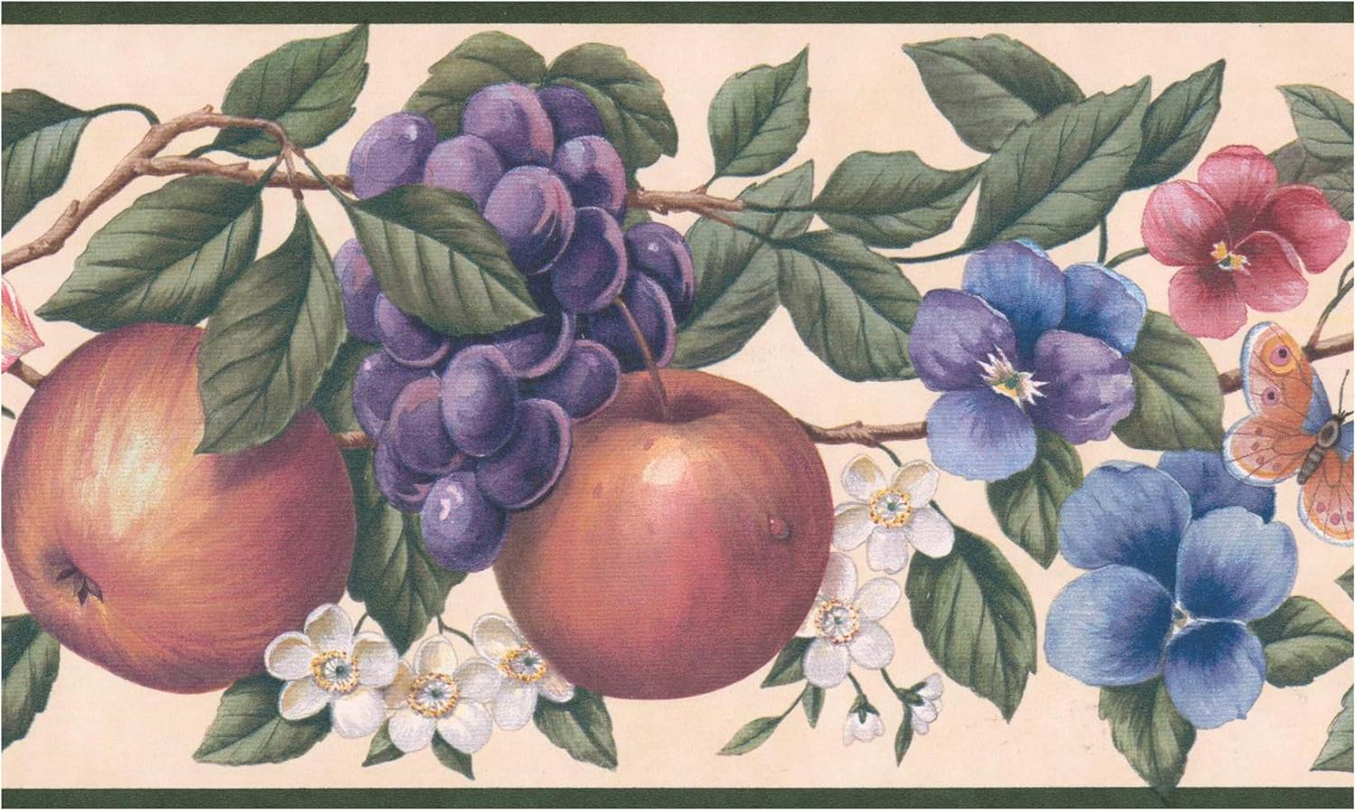 Retro Art Wallpaper Border Multicolor Fruits Flowers Berries Floral