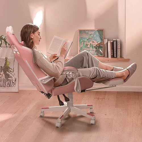 Miniatura 6 de PUKAMI Silla de juegos rosa linda con orejas de gato y cojín lumbar de pata de gato, silla ergonómica para computadora para niña con reposapiés y