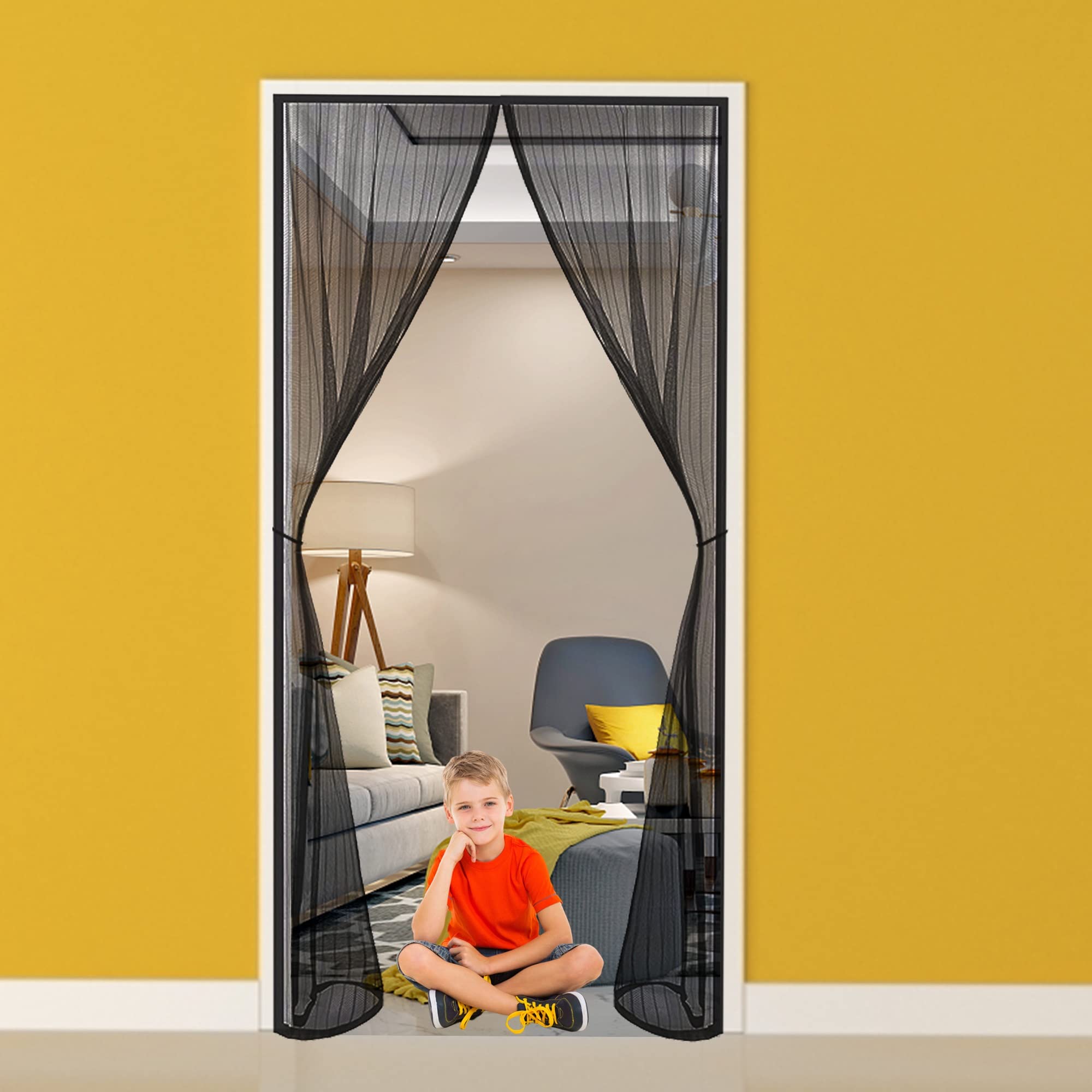 Ttmled Black Magnetic Screen Door, 140X190cm Reinforced Fiberglass Heavy Duty For Entry Front Door With Full Frame Hook&Loop Strip(Black)