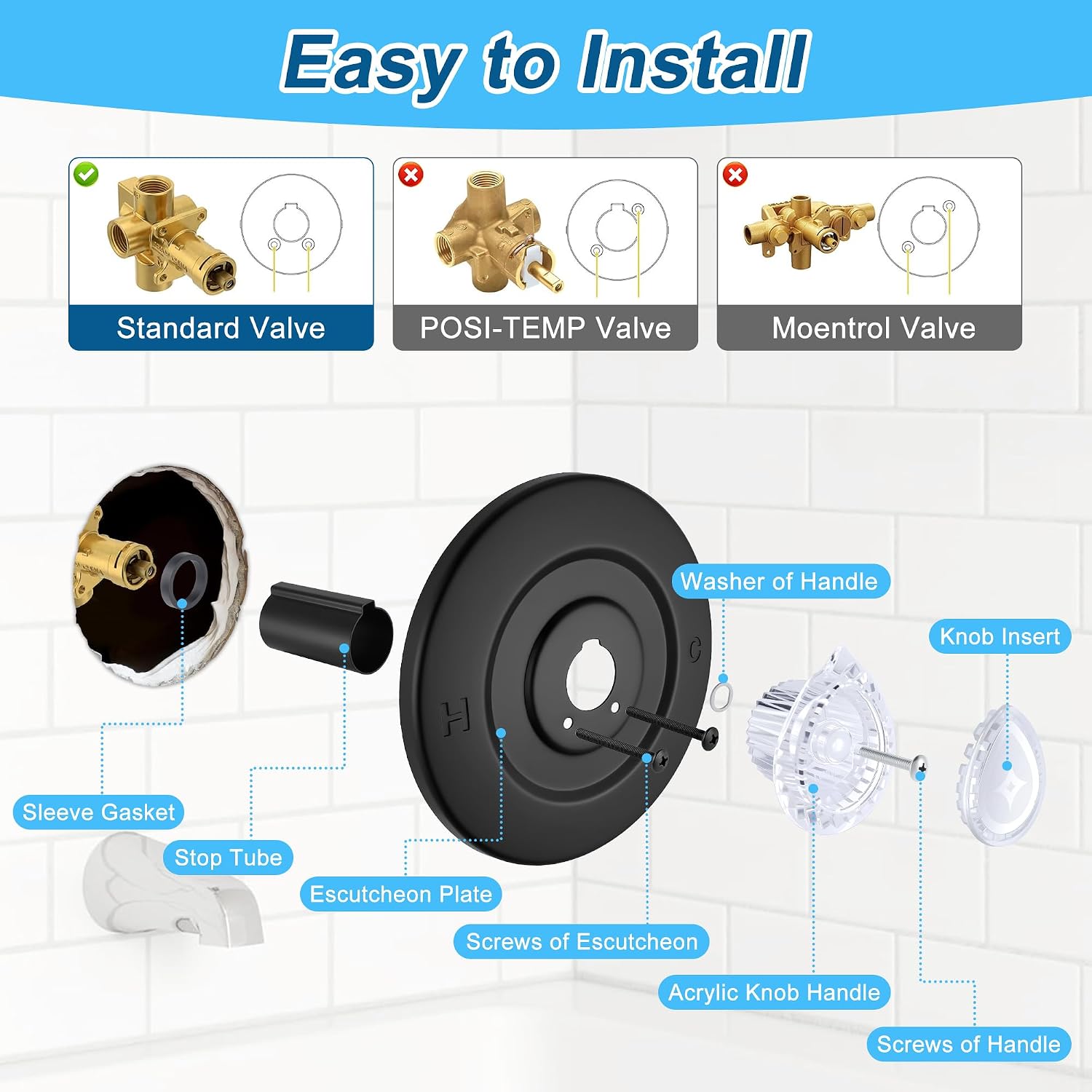 Shower Trim Kit Compatible with Moen T470 Chateau Shower Trim, 1225 Shower Trim Kit Compatible with Moen Single Handle Tub/Shower Standard Valve, Escutcheon, Tubes and Handle (Matte Black)