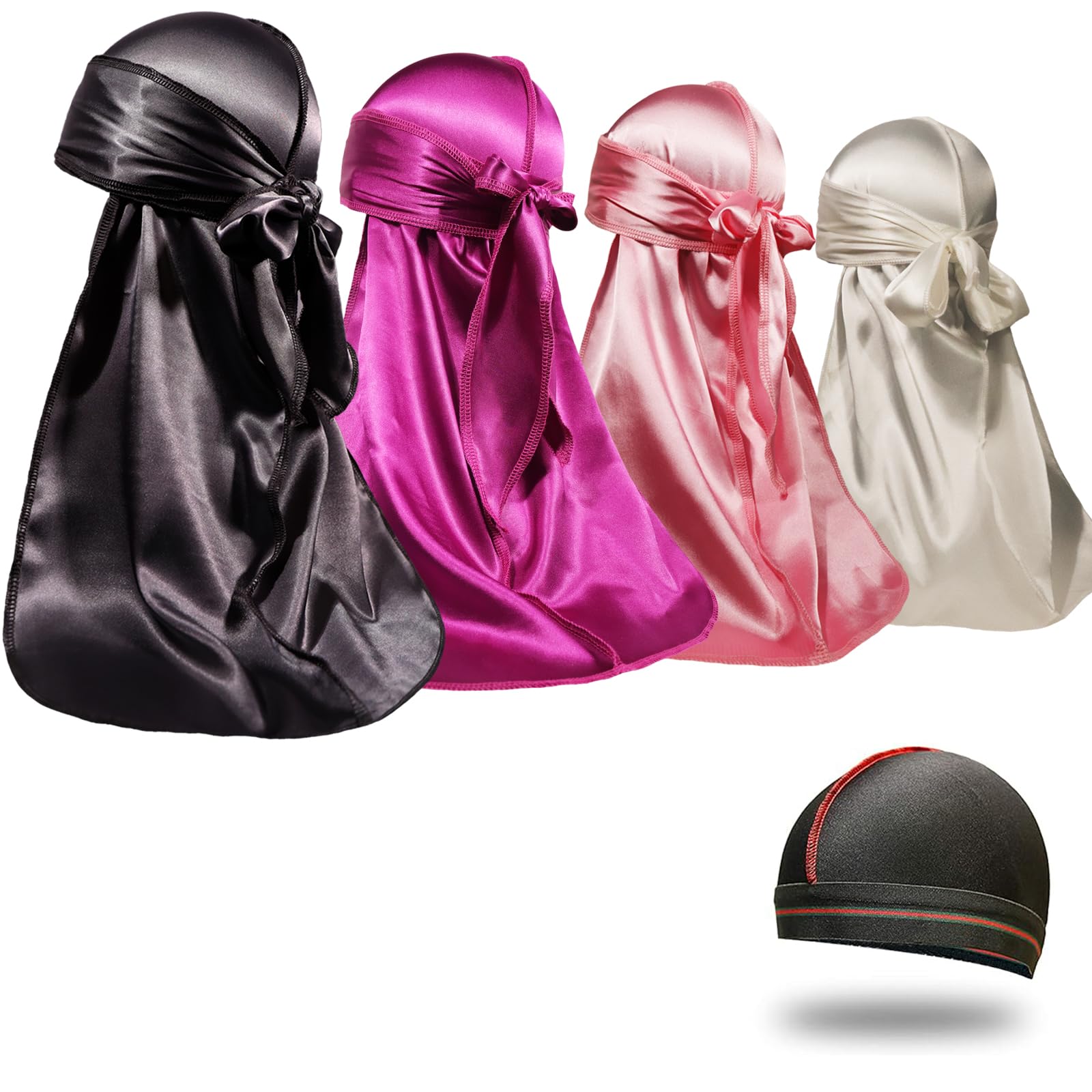 ForceWave 4PCS Silky Durags for Men Women 360 Waves with 1 Wave Cap | Silky Satin Moisture-Tech Fabric, Extra Long Tails, Unisex Fit, for Workouts, Cycling and Wave Training
