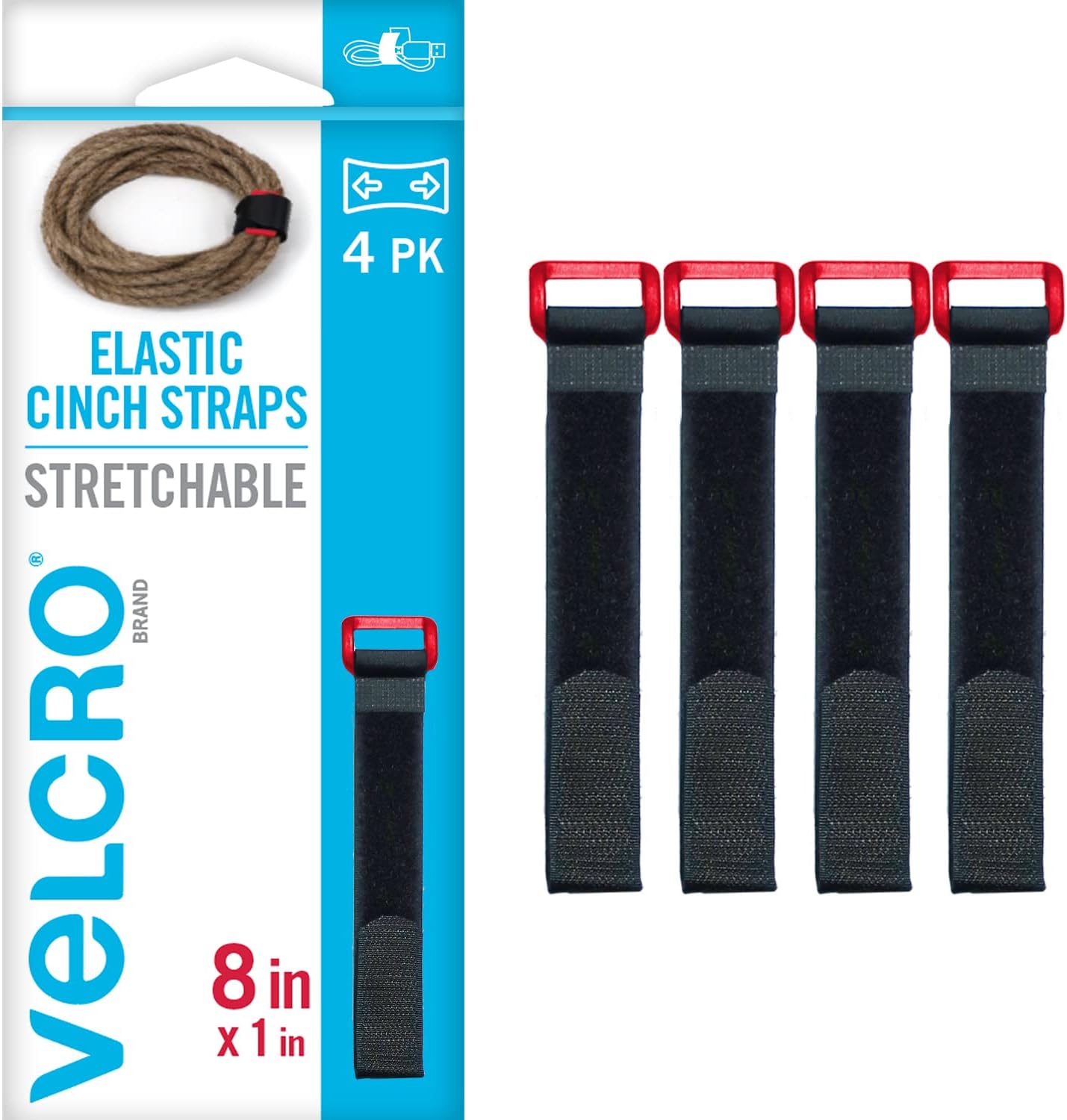 VELCRO Brand VEL30791AMS Elastic Cinch Straps with Buckle 8in x 1in