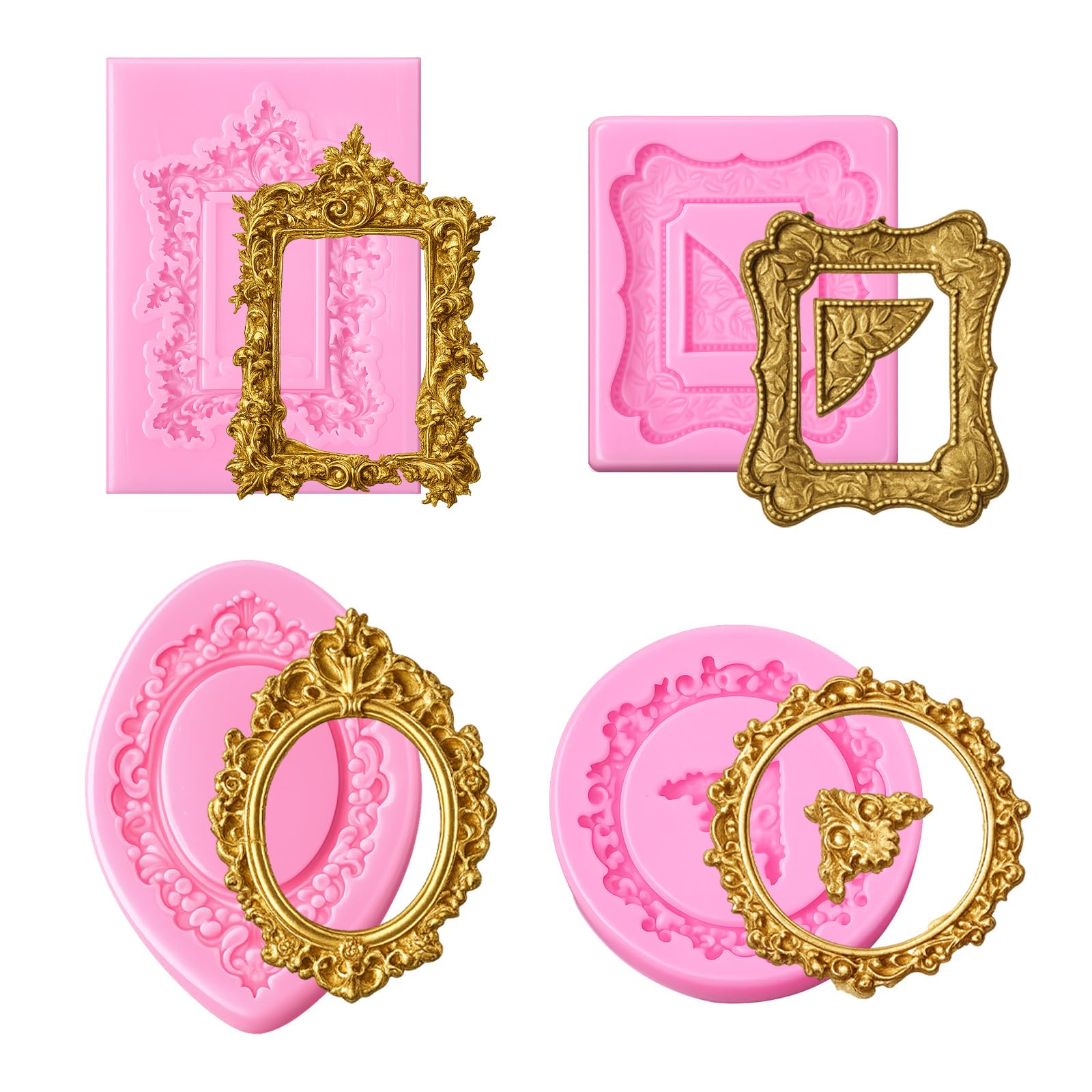 Muiltvoe 4 Pcs Baroque Frame Mold, Picture Photo Frames Air Dry Clay Molds Mini Silicone Frame Fondant Mold for Cupcake Topper Cake Decoration Chocolate Candy Dessert Decor Polymer Clay Crafting