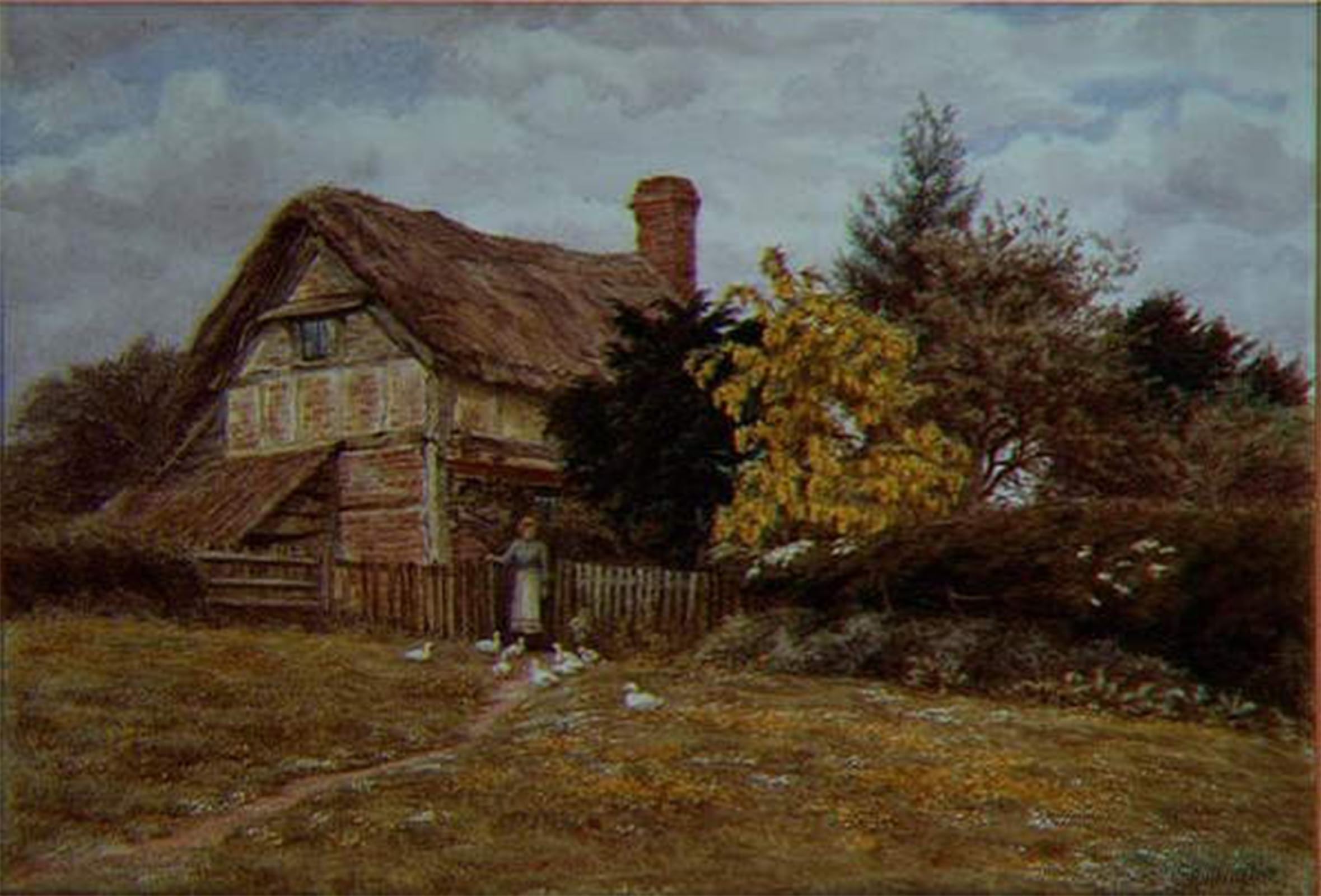 SERENDIPITP Vintage Picture Print on Canvas Wall Art Poster Laburnum Cottage a Woman Feeding Ducks by Helen Allingham Artwork Print Poster for Wall Decor 60x90cm