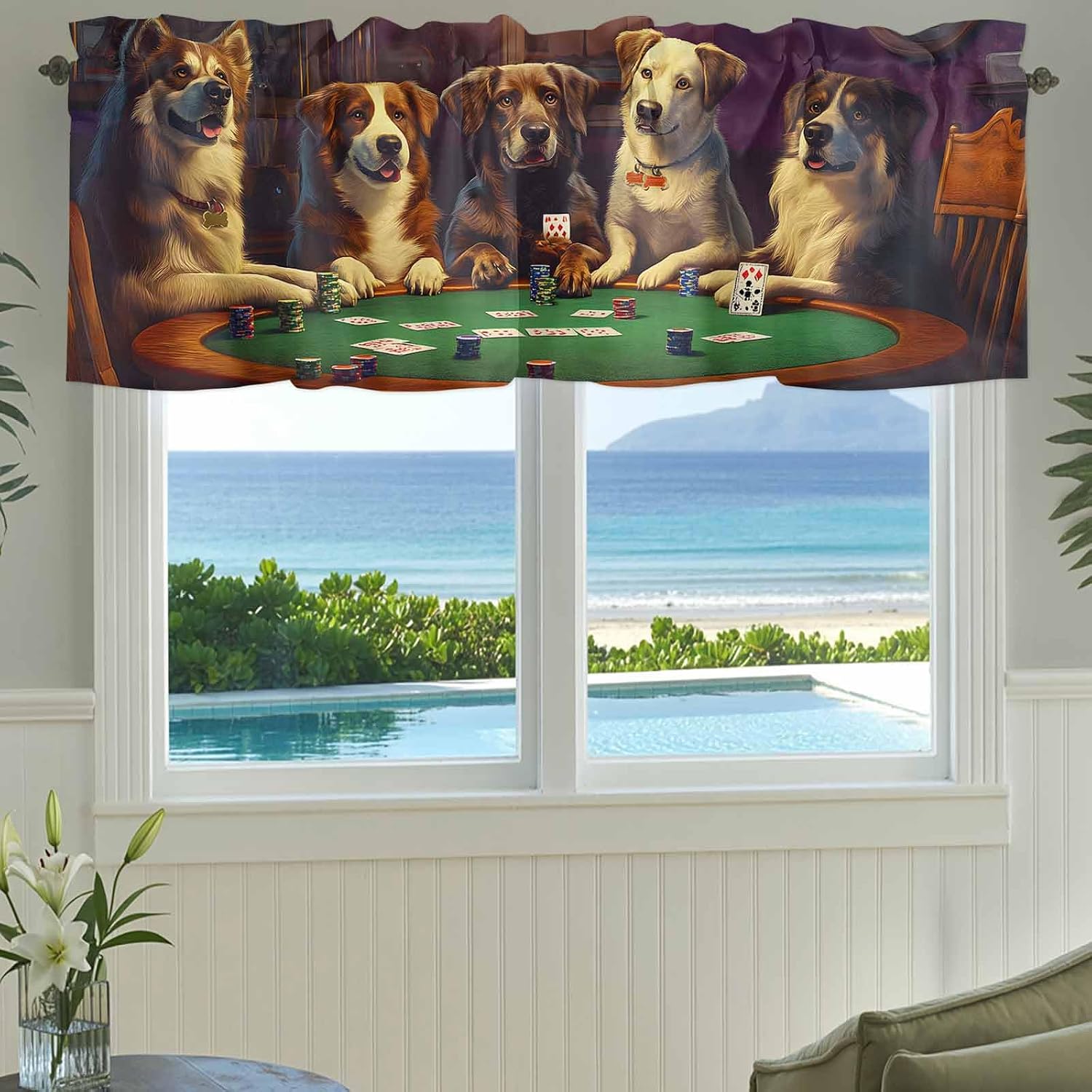 Funny Dog Valance Curtain Dogs Playing Cards Poker Witty Retro Window Valances Rod Pocket Short Curtains Window Treatments for Kitchen Bedroom Bathroom Laundry 42" x 18"