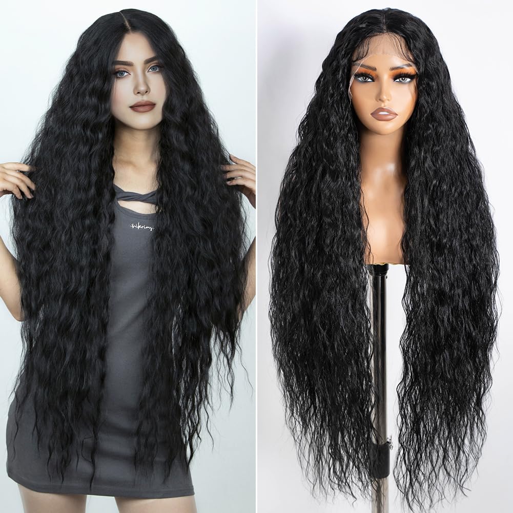 Joedir Hair Super Long Wigs for Women 36 inch Lace Front Wig 5 Inch Middle Parting Synthetic Hair Bohemian Waves (RC1B)