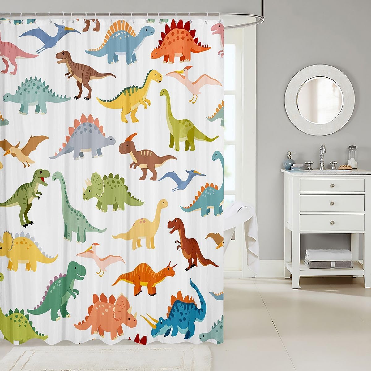 Feelyou Kid's Dinosaur Shower Curtain for Bathroom Decor Cartoon World Animal Bath Curtain for Stalls Bathtubs Cute Dinosaur Bathroom Accessories Waterproof Polyester Fabric with 12 Hooks 72"x78" image 2