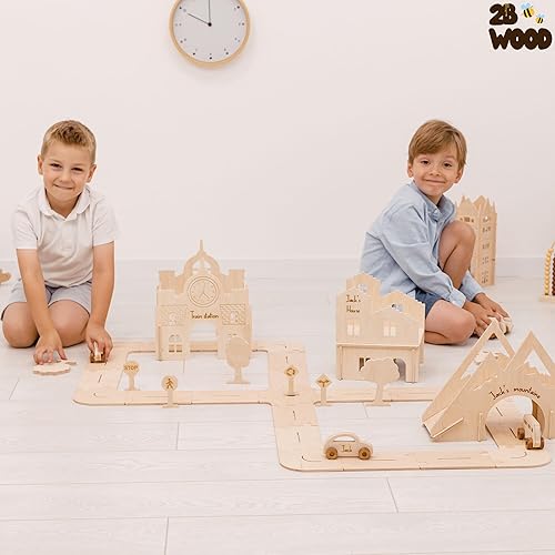 Miniatura 7 de Personalized Wooden Car Track for Boys - Size M Toddler Race Track Toy Cars - Wooden Toy Cars Road Bridge House Train Station Mountain - Montessori