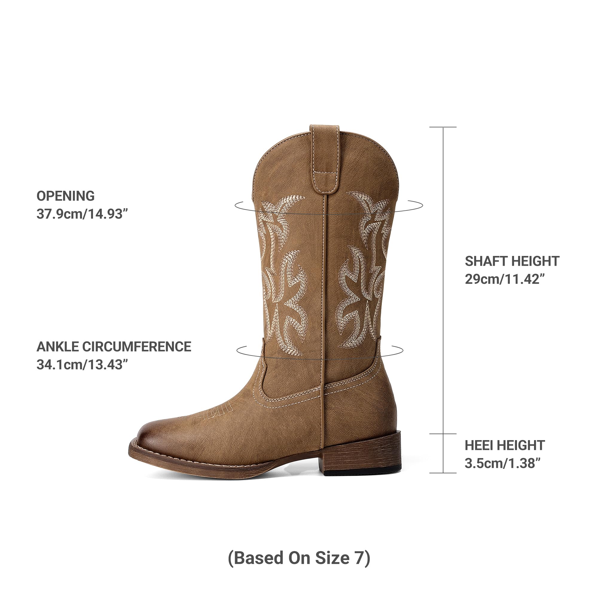 DREAM PAIRS Stivali da cowboy da donna con punta quadrata larga, stile western, a metà polpaccio, ricamati, stile retrò