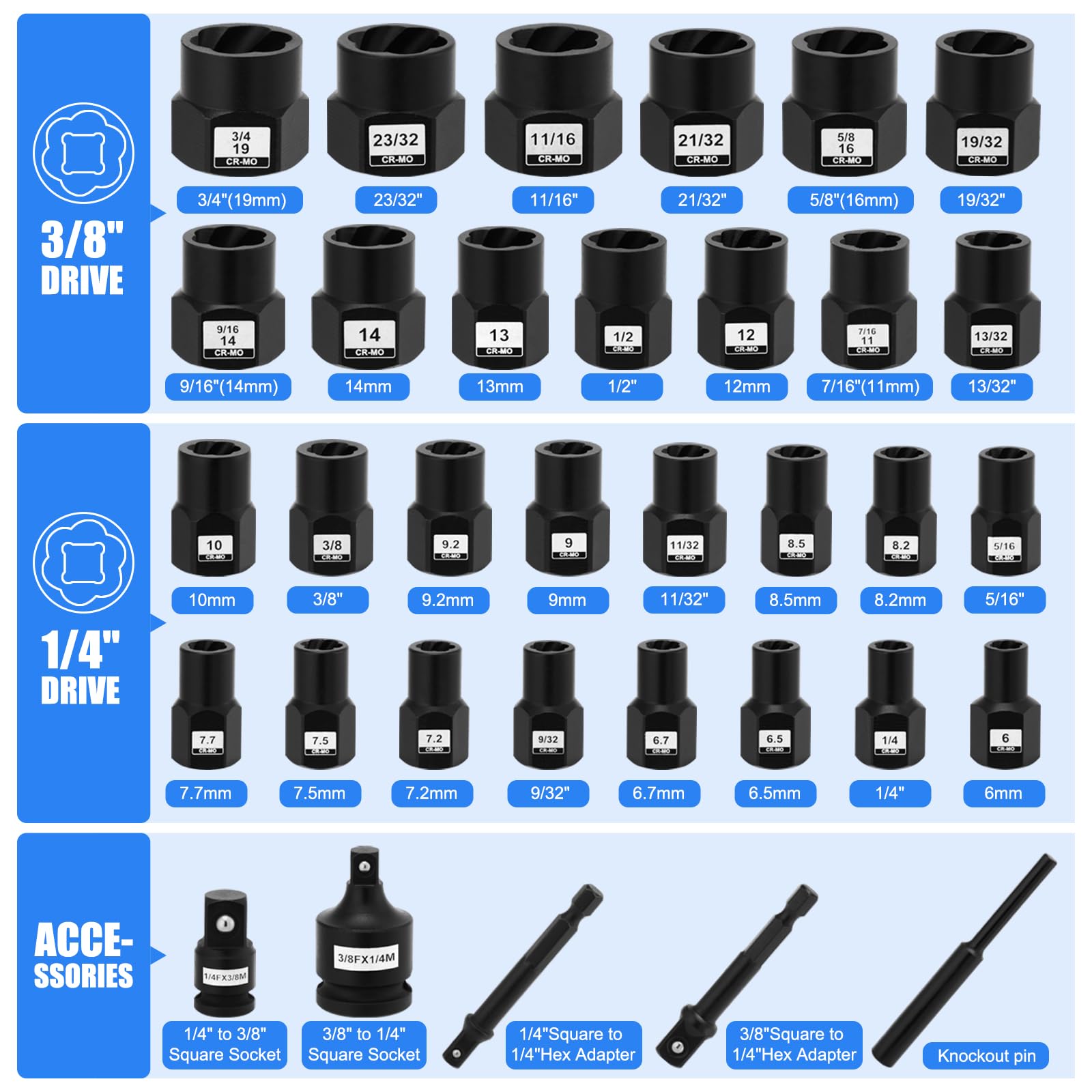 Mayouko Set di 34 pezzi per rimuovere bulloni e dadi da 1/4" e 3/8", con adattatori, set di estrattori per bulloni in acciaio CR-MO per rimuovere bulloni, dadi e viti arrugginiti danneggiati