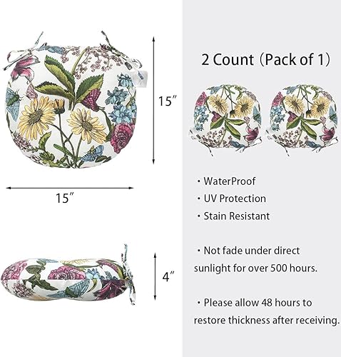 Miniatura 5 de Cojines para sillas Bistro con lazos, cojines de asiento redondos copetudos para patio al aire libre, 15 x 15 x 4 pulgadas, juego de 2, almohadillas