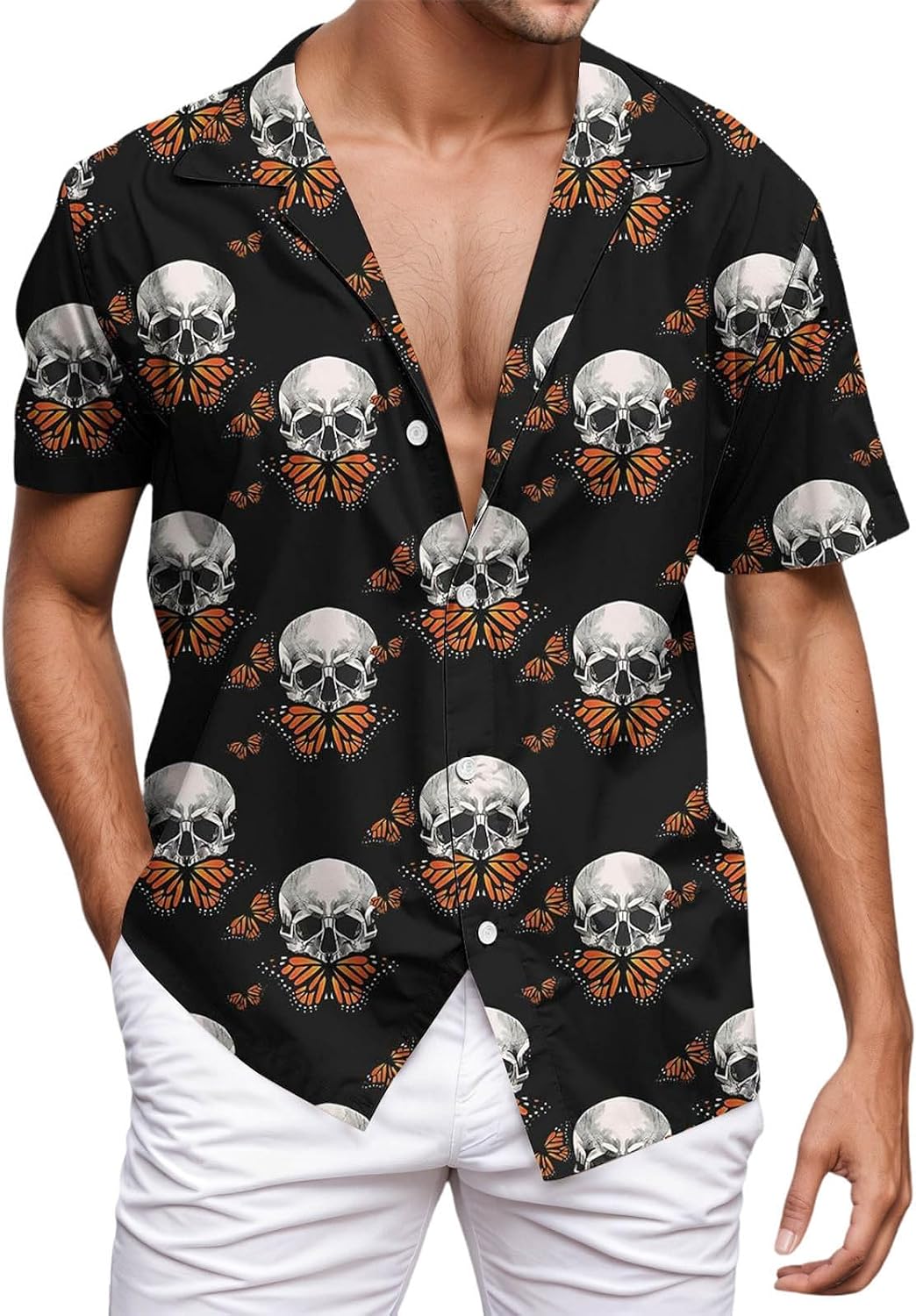 Chemise Homme Halloween Tête De Mort - Manches Courtes, Motif Graphique Vintage, Style Streetwear Y2K