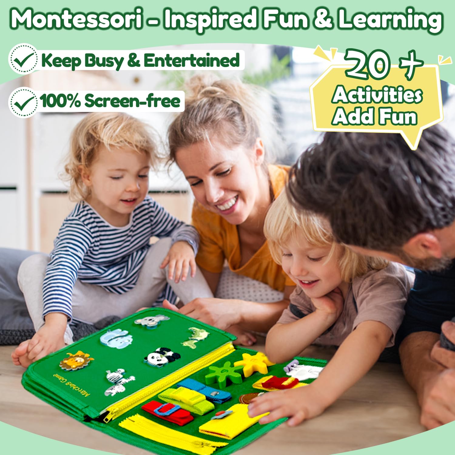 Morofme Busy Board Montessori speelgoed voor 1 2 3 4 jaar, sensorisch babyspeelgoed, educatief speelgoed, kleine kinderen, activiteitenbord voor fijne, basiskleding, motoriek, reisspeelgoed voor