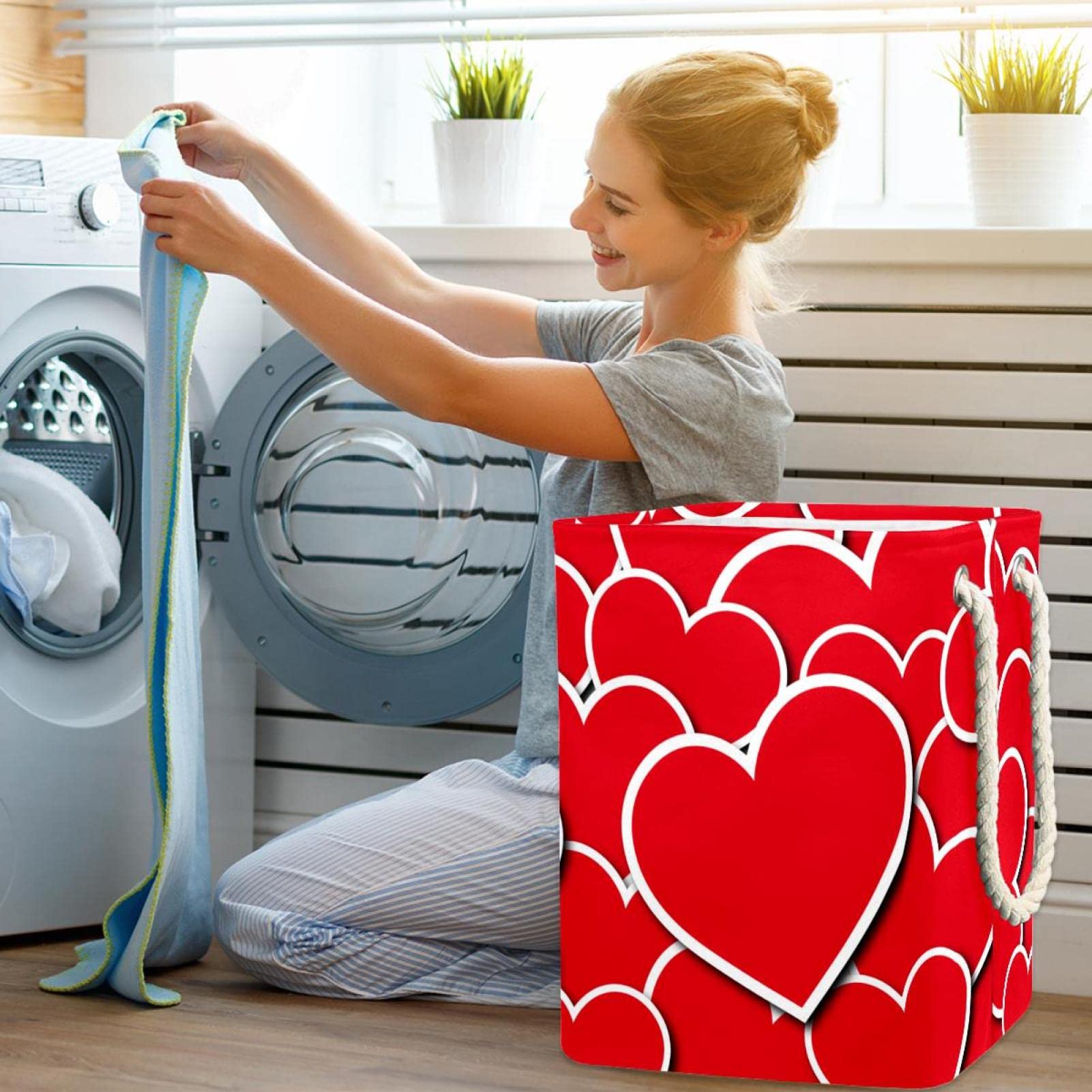 Cesta impermeable para la ropa sucia, cesta para la ropa sucia con asa, patrón de corazones rojos