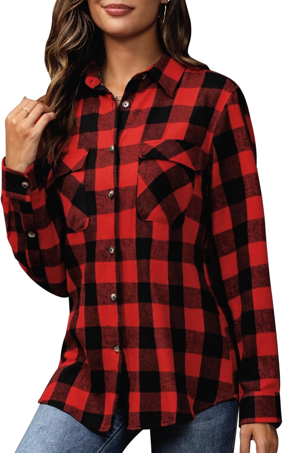 siliteelon Flannel Shirt Women Plaid Shirts Button Down Long Sleeve Oversized Cotton Fitted Boyfriend Casual Blouse Tops - Image 5