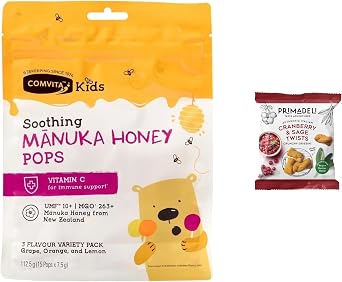ComvitaKids Soothing Manuka Honey Pops 15-Pack + Primadeli | UMF  10+ MGO 263+ | Vitamin C Lollipops for Kids | Natural Throat Soothing & Immune Support | Pack of 1 From SuperfoodUK