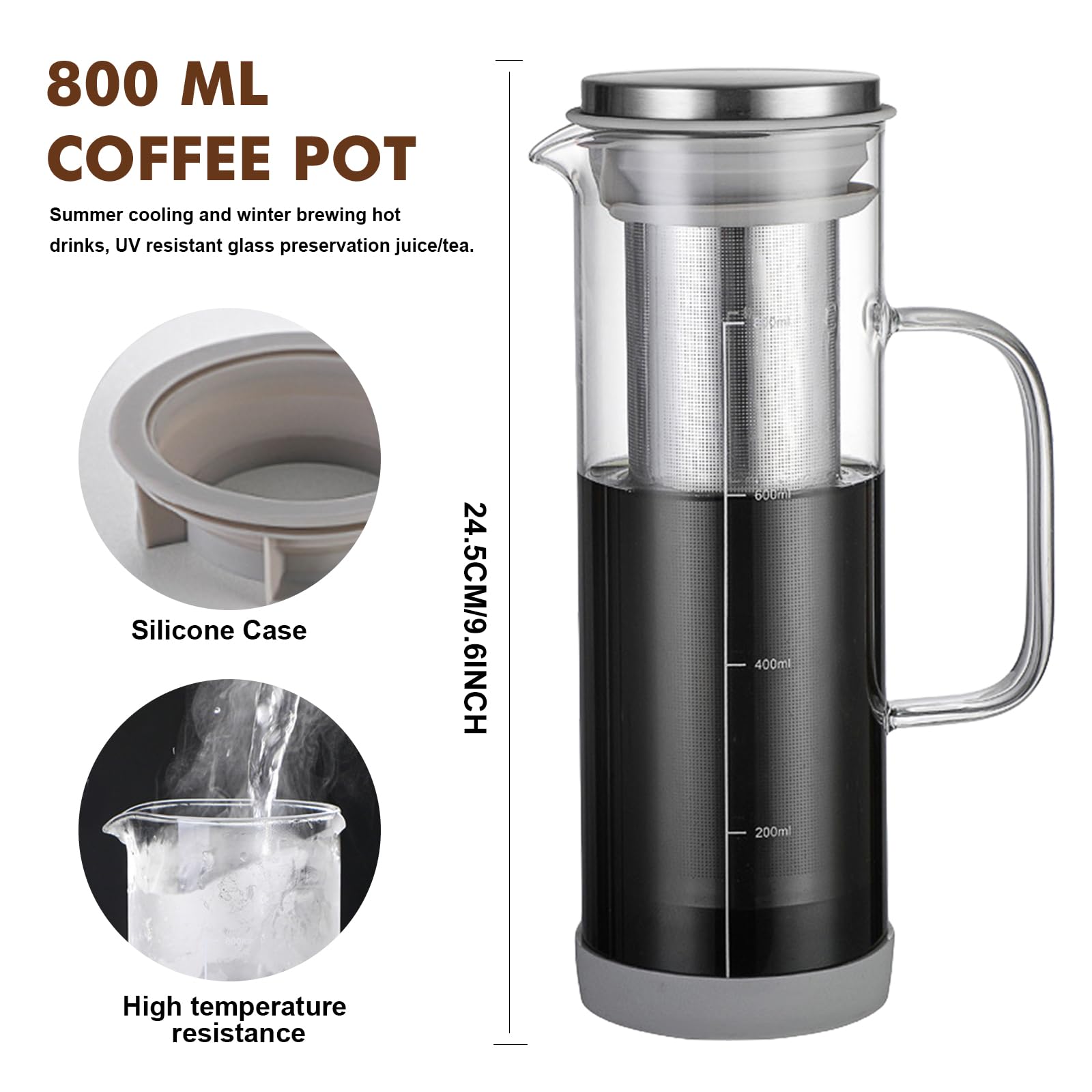 GBKDQQ zaparzacz do kawy Cold Brew 800ml, zaparzacz do kawy Cold Brew z filtrem ze stali nierdzewnej 304, karafka do zaparzania z wylewkiem i szklannym uchwytem, nadaje się do kawy lodowej, lodowej