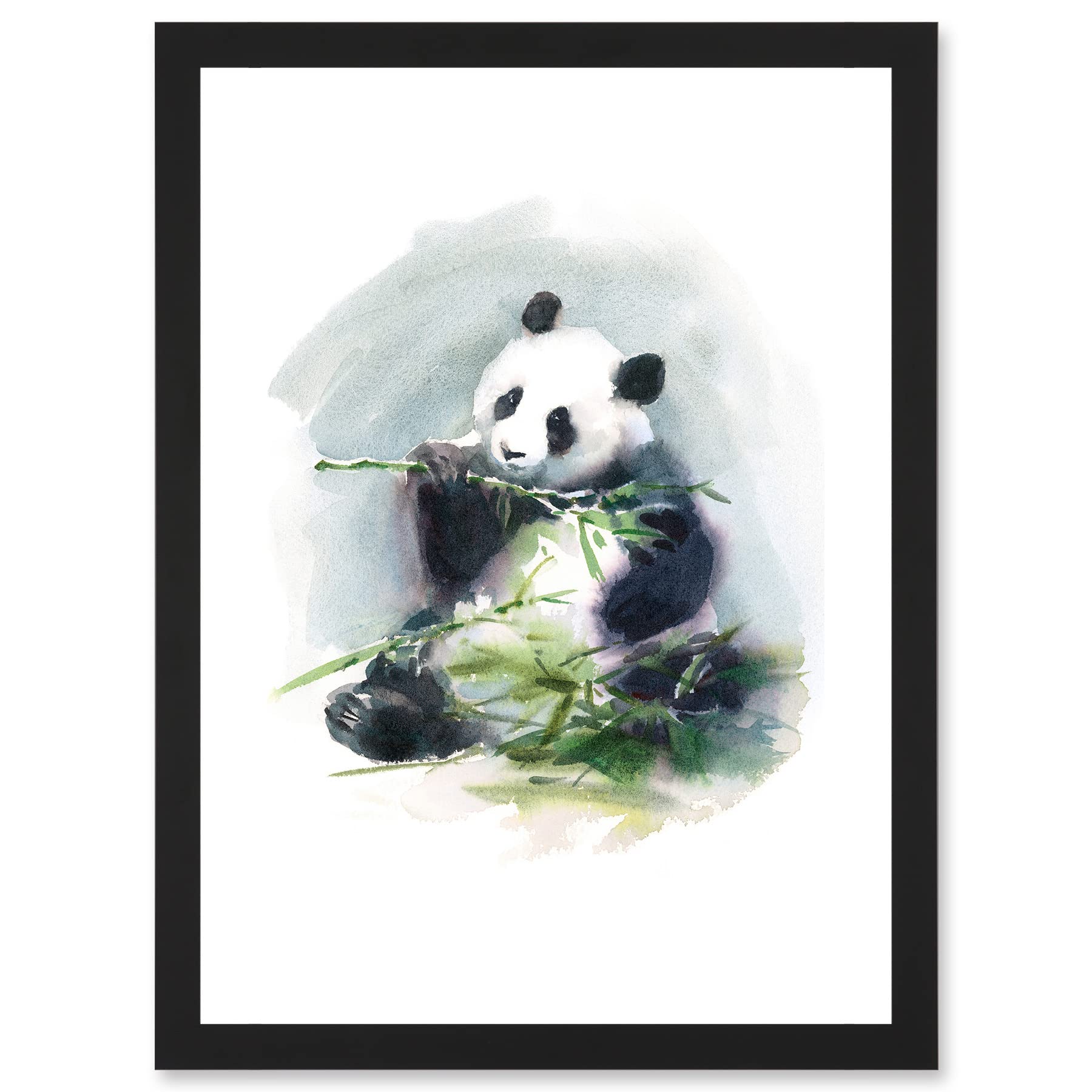 Wee Blue Coo Panda Eating Bamboo Watercolour Artwork Framed Wall Art Print A4