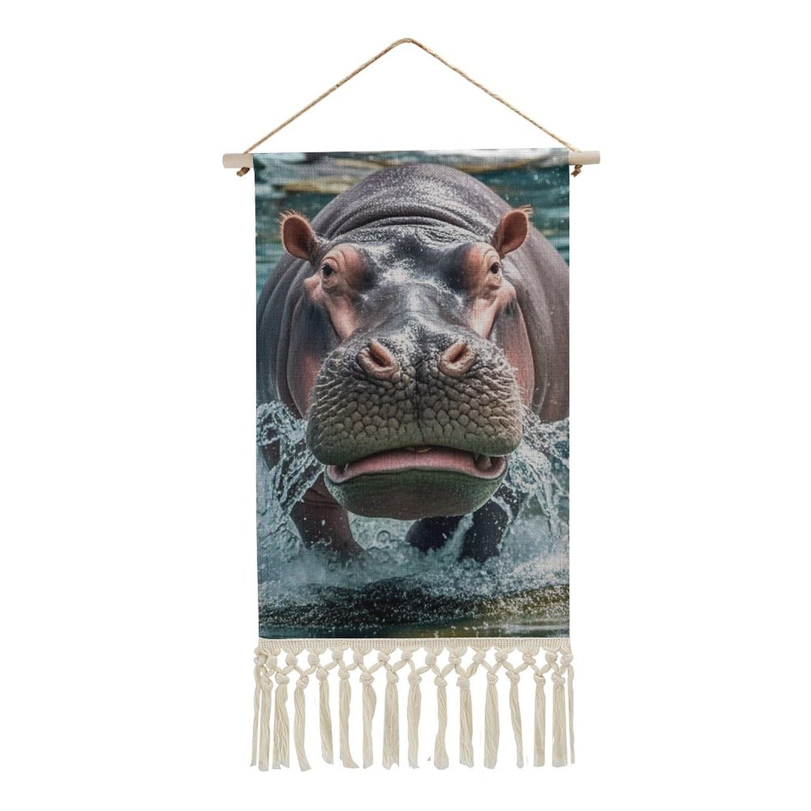 FekiLoot Diving Hippo Wall Art Poster Hanger Frame Vertical Tassel Tapestry Cotton Linen Hanging Poster Decorative Wall Art Prints Vintage Wall Art Decor for Home Bedroom Living Room Office